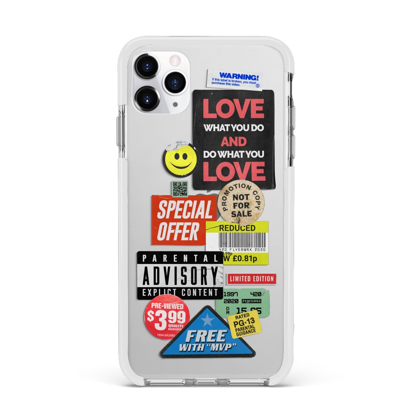 Vintage Retro Stickers Apple iPhone 11 Pro Max in Silver with White Impact Case