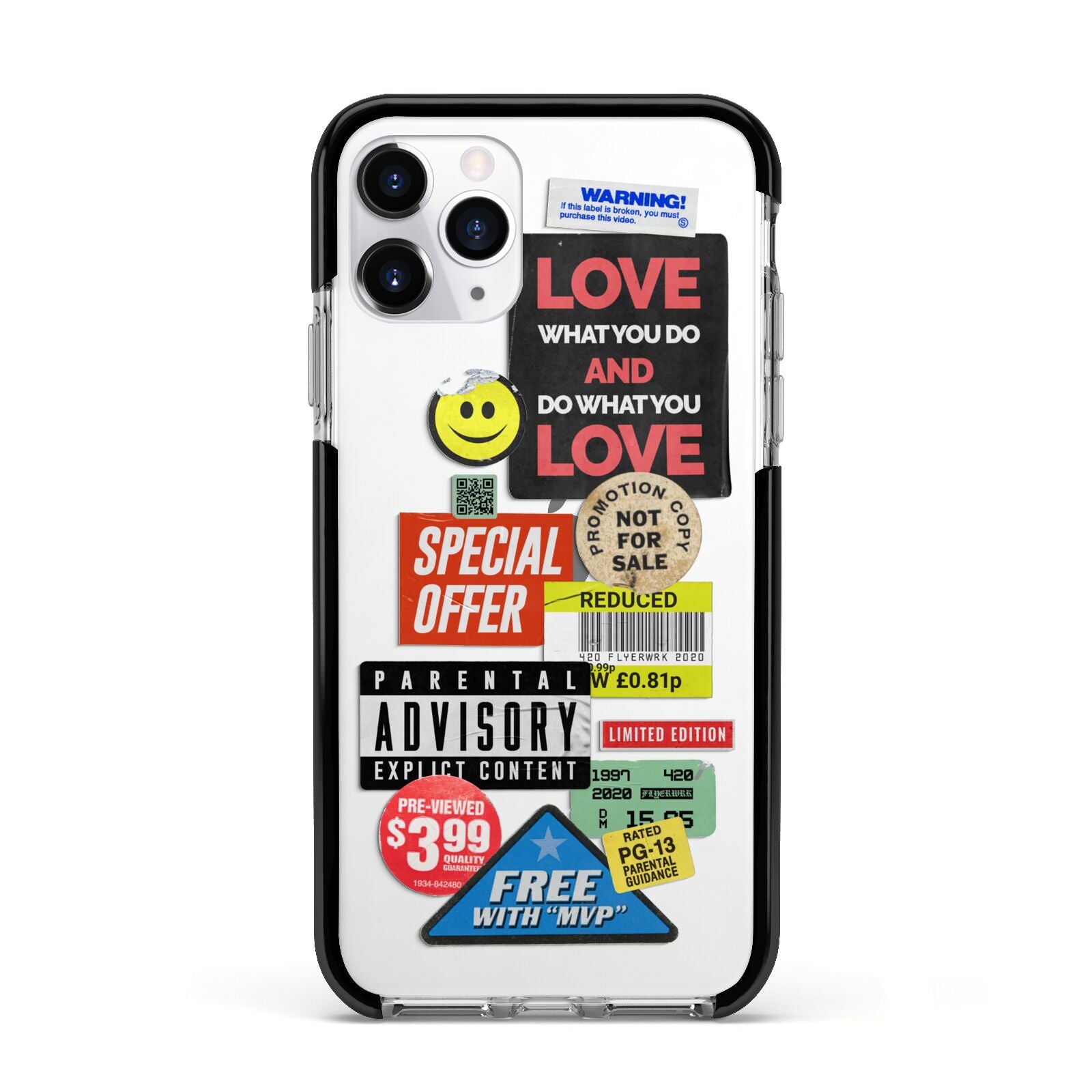 Vintage Retro Stickers Apple iPhone 11 Pro in Silver with Black Impact Case