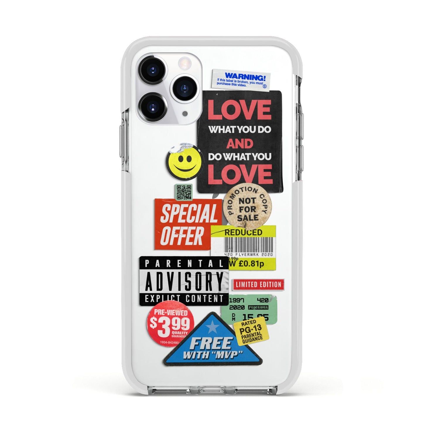 Vintage Retro Stickers Apple iPhone 11 Pro in Silver with White Impact Case