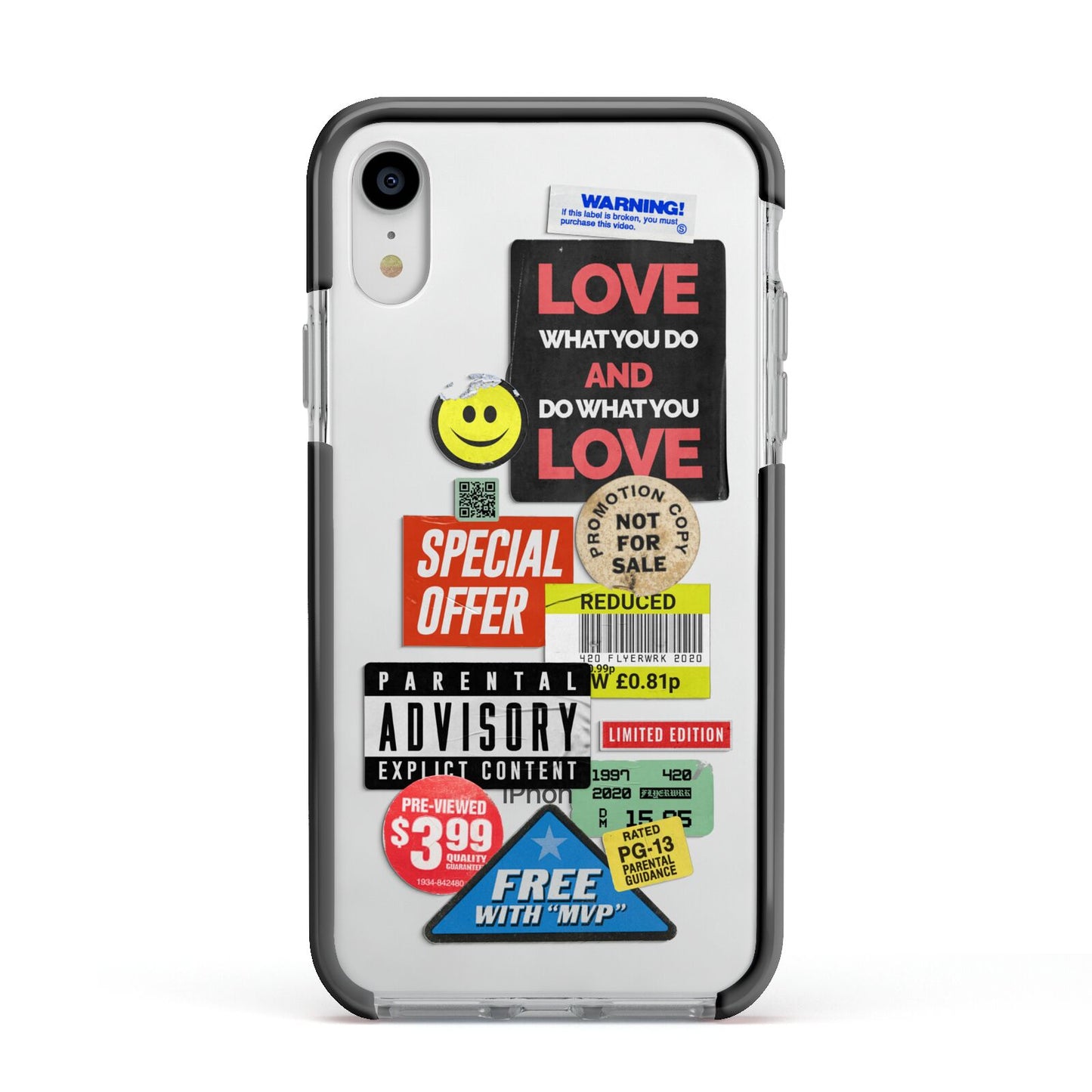 Vintage Retro Stickers Apple iPhone XR Impact Case Black Edge on Silver Phone