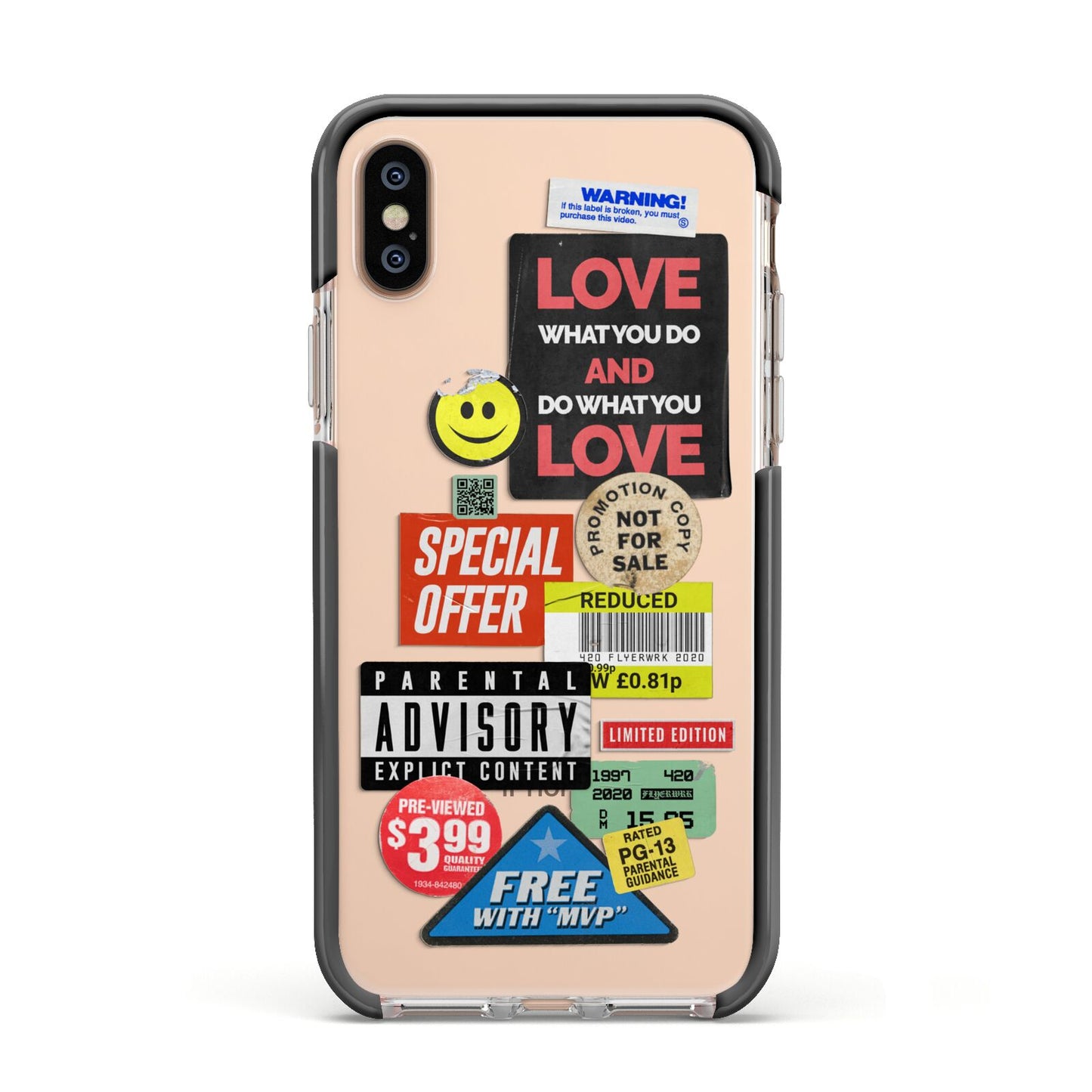 Vintage Retro Stickers Apple iPhone Xs Impact Case Black Edge on Gold Phone