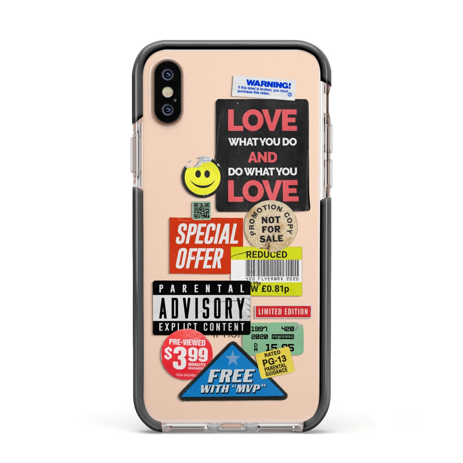 Vintage Retro Stickers Apple iPhone Xs Impact Case Black Edge on Gold Phone