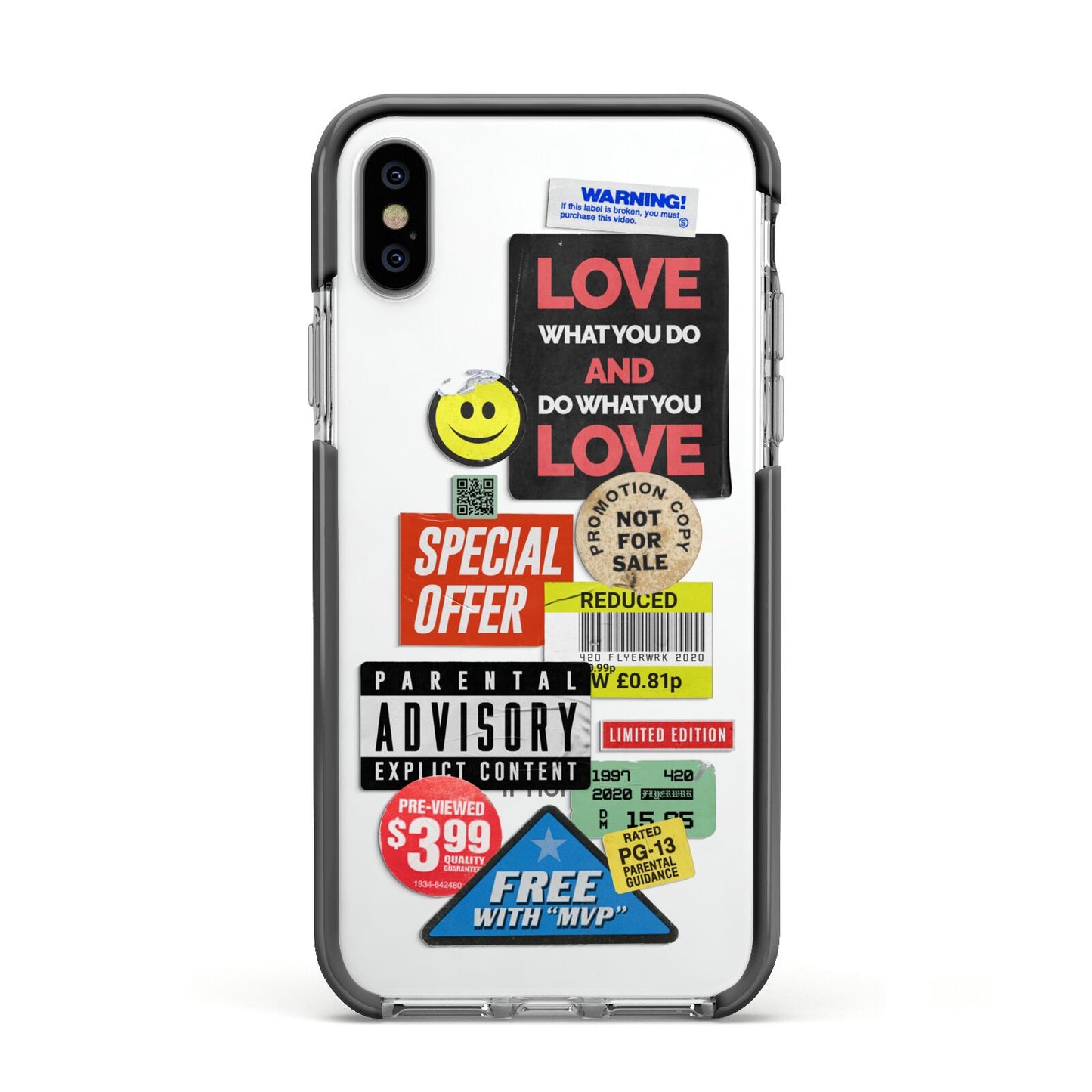 Vintage Retro Stickers Apple iPhone Xs Impact Case Black Edge on Silver Phone