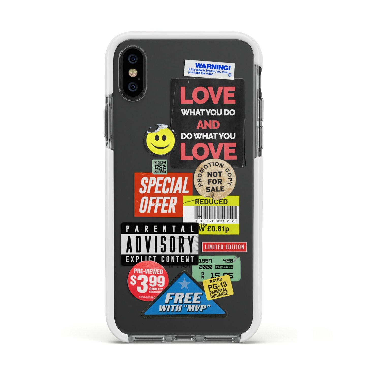 Vintage Retro Stickers Apple iPhone Xs Impact Case White Edge on Black Phone