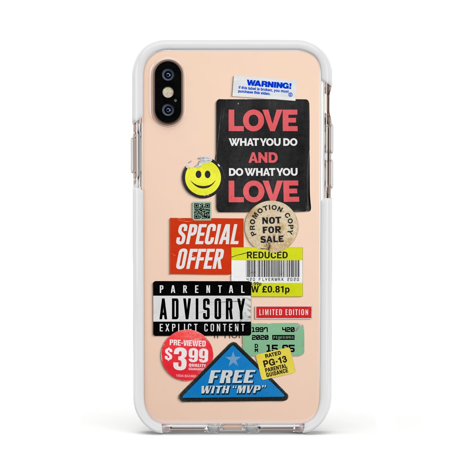 Vintage Retro Stickers Apple iPhone Xs Impact Case White Edge on Gold Phone