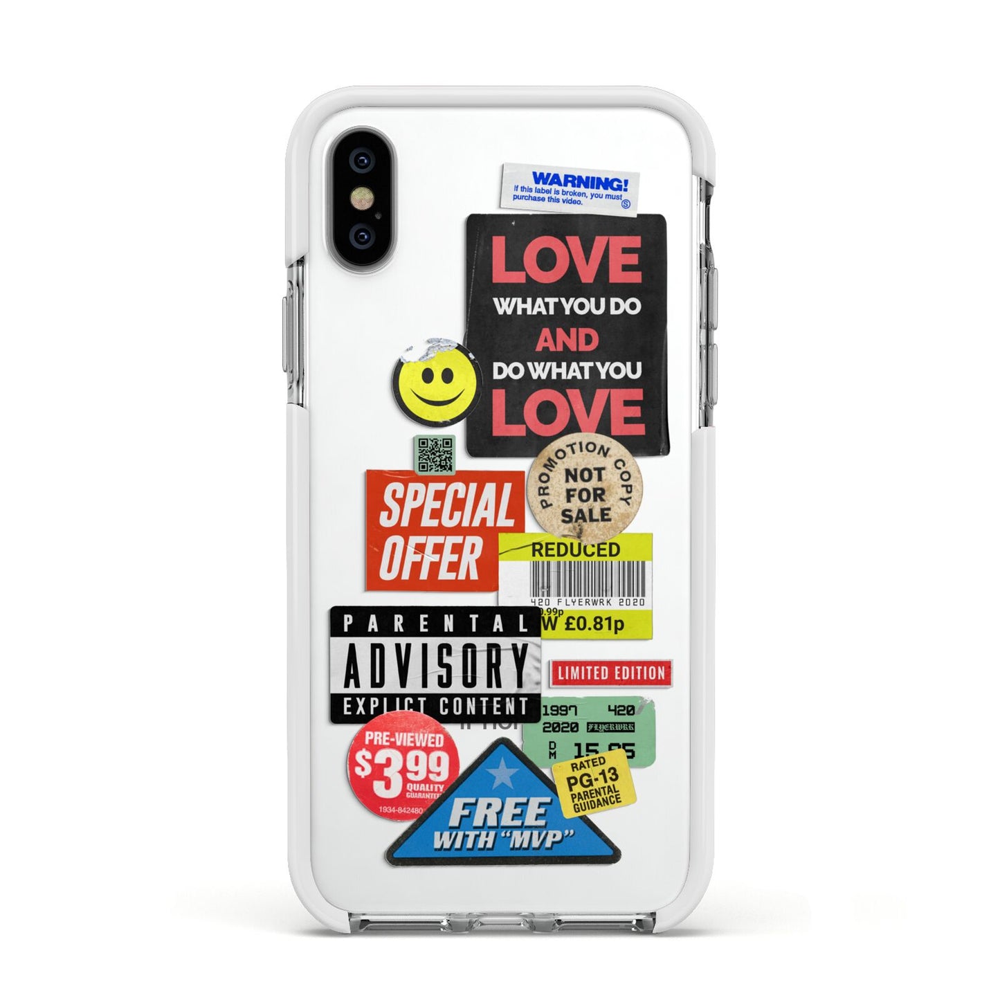 Vintage Retro Stickers Apple iPhone Xs Impact Case White Edge on Silver Phone