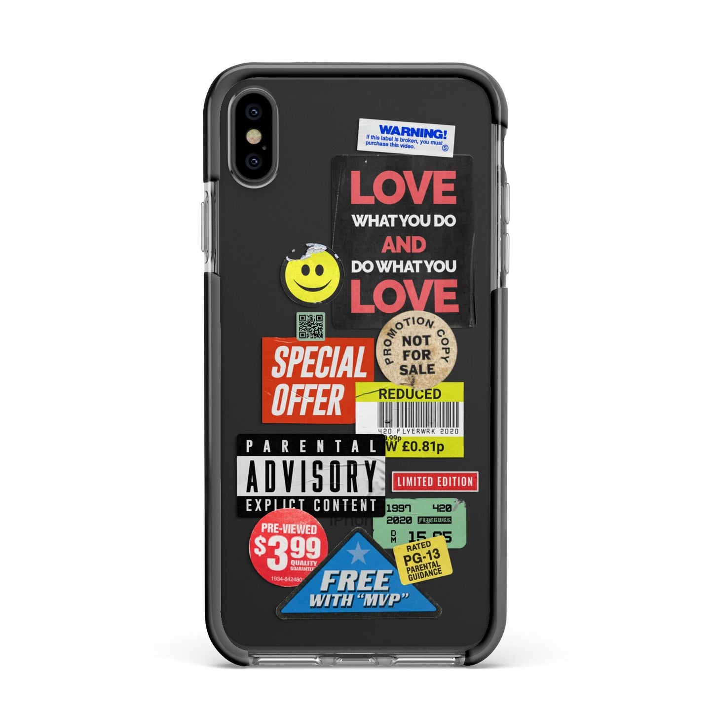 Vintage Retro Stickers Apple iPhone Xs Max Impact Case Black Edge on Black Phone