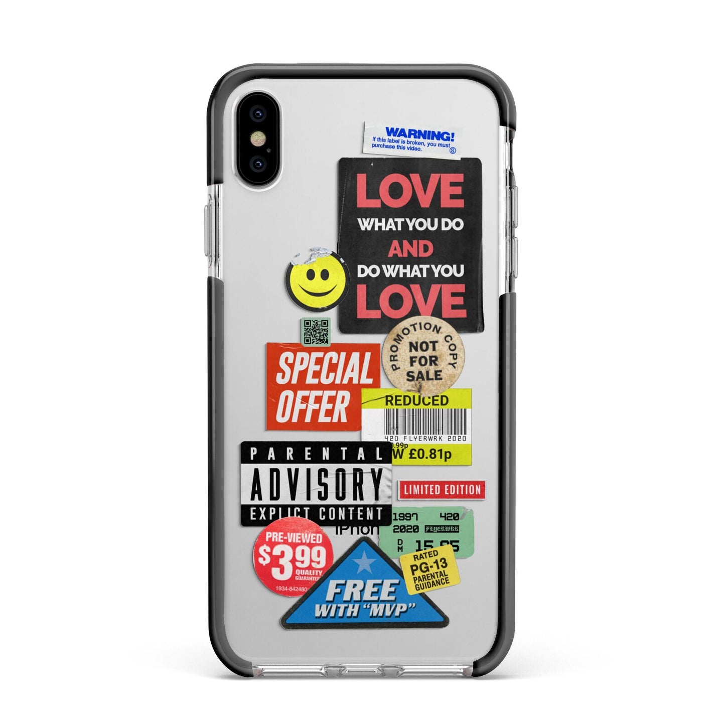 Vintage Retro Stickers Apple iPhone Xs Max Impact Case Black Edge on Silver Phone