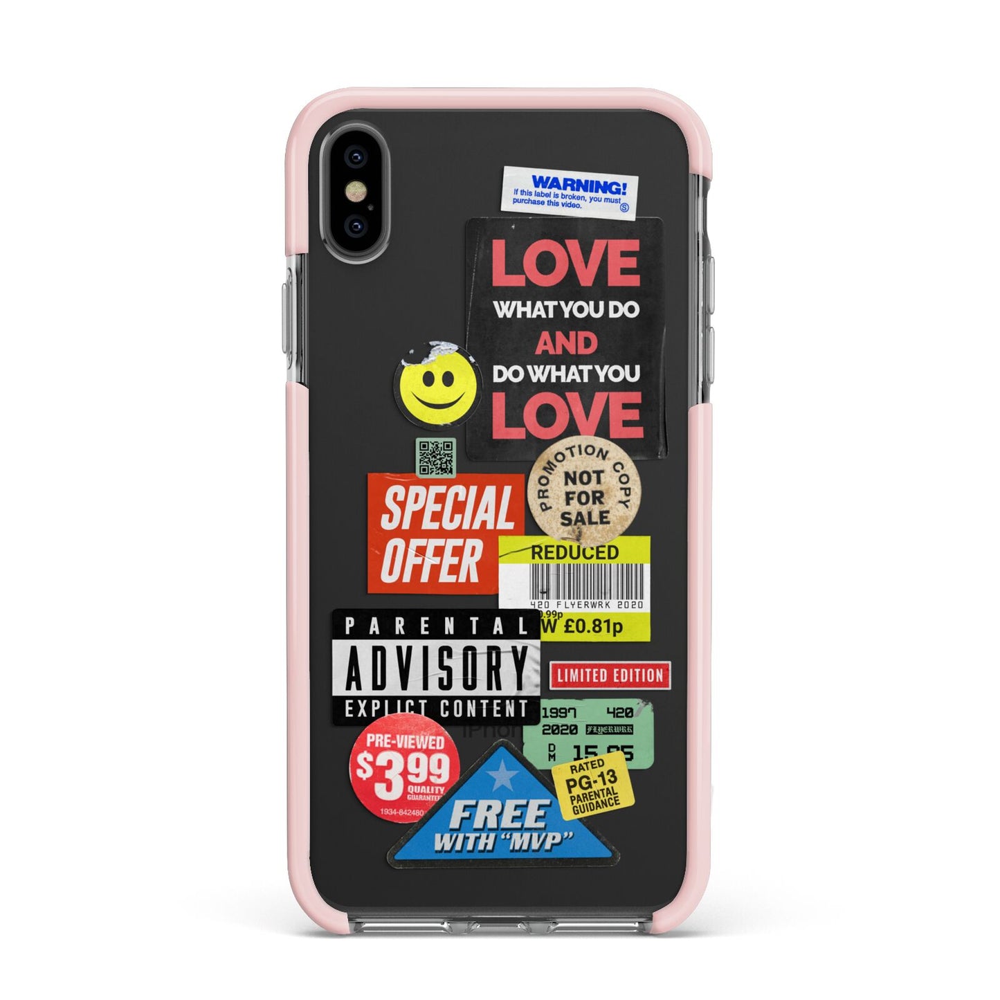Vintage Retro Stickers Apple iPhone Xs Max Impact Case Pink Edge on Black Phone