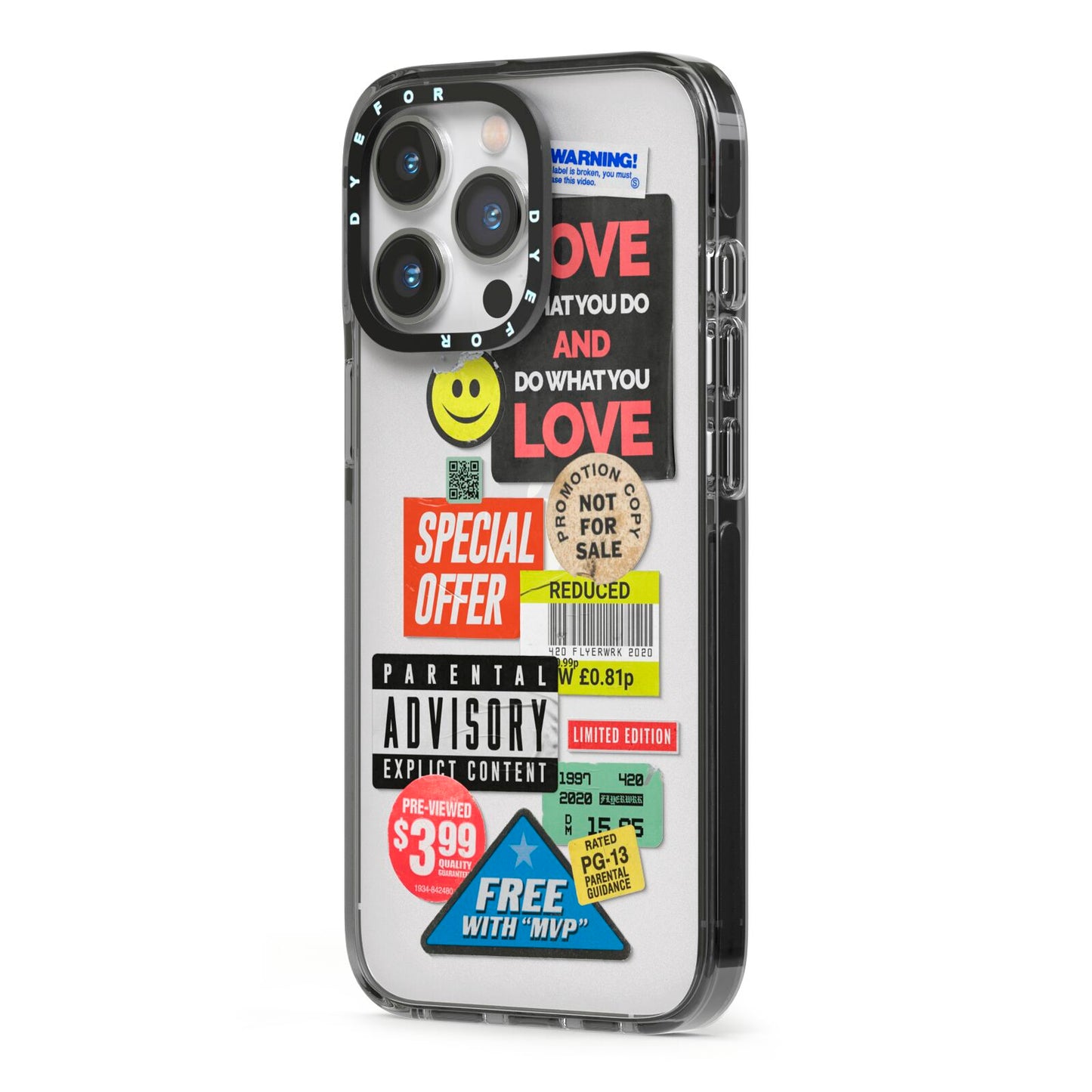 Vintage Retro Stickers iPhone 13 Pro Black Impact Case Side Angle on Silver phone