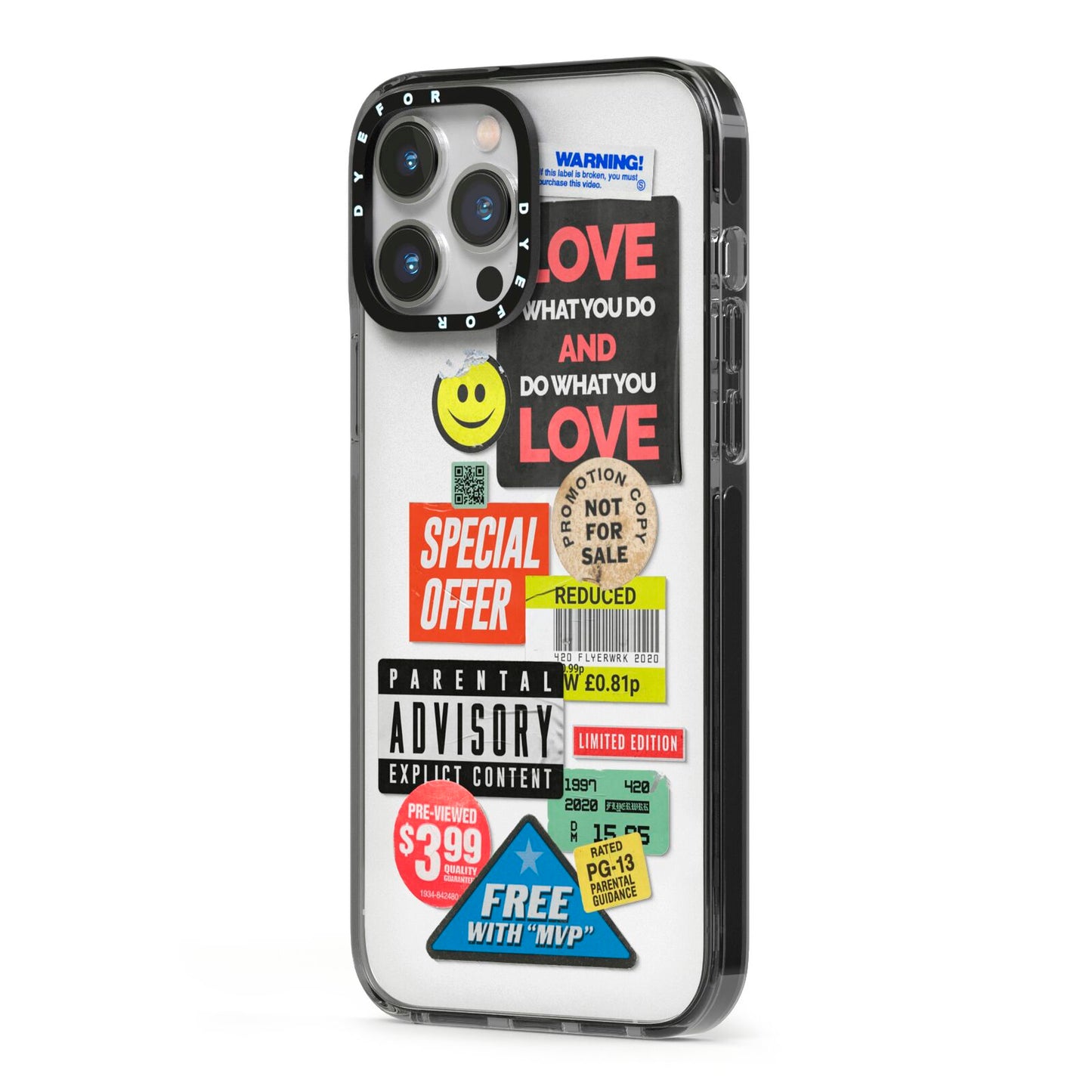 Vintage Retro Stickers iPhone 13 Pro Max Black Impact Case Side Angle on Silver phone