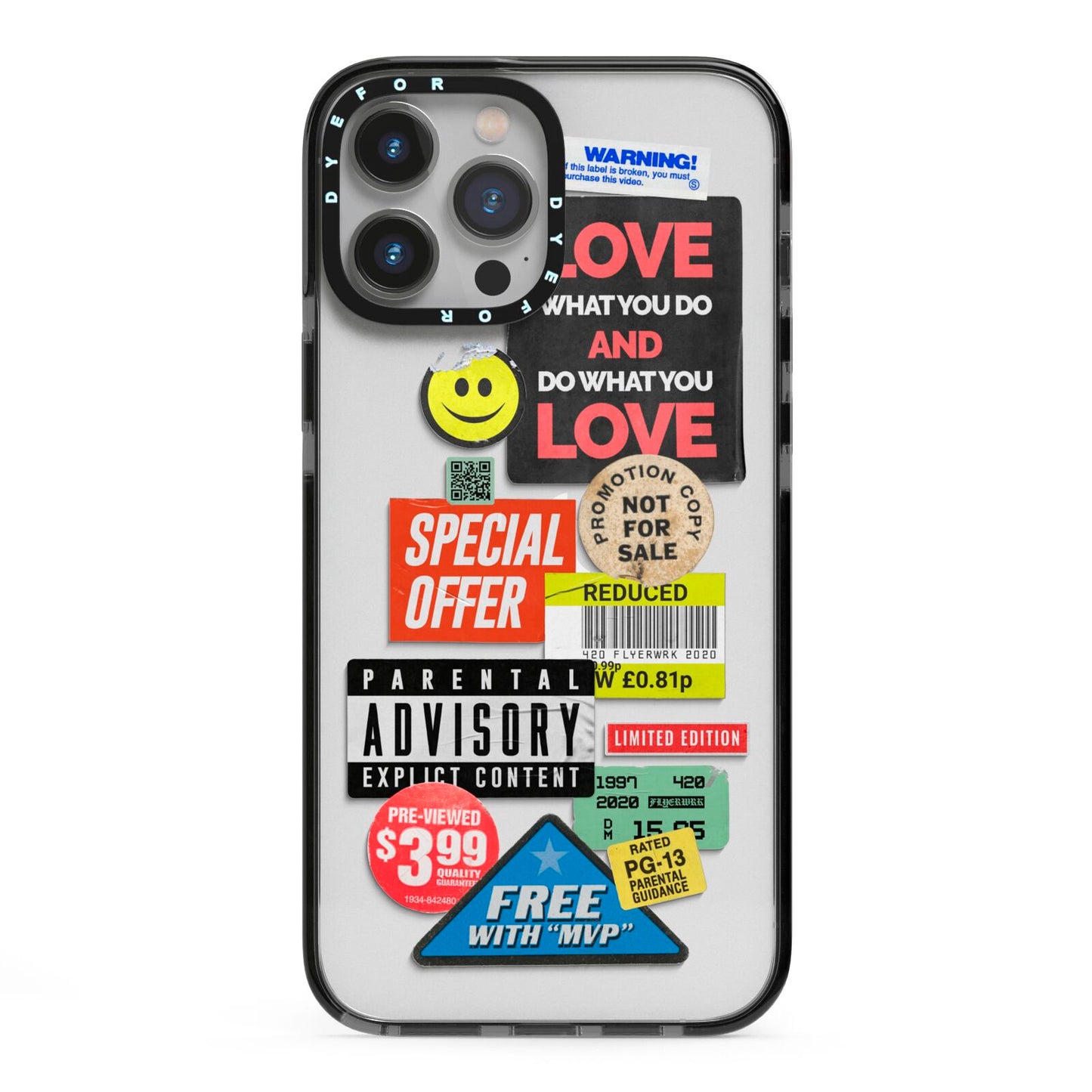 Vintage Retro Stickers iPhone 13 Pro Max Black Impact Case on Silver phone