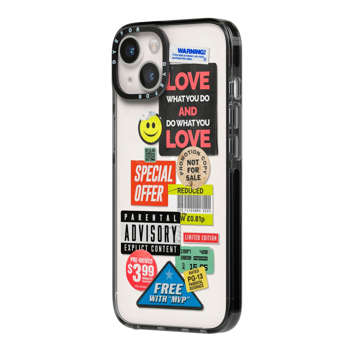 Vintage Retro Stickers iPhone 14 Black Impact Case Side Angle on Silver phone