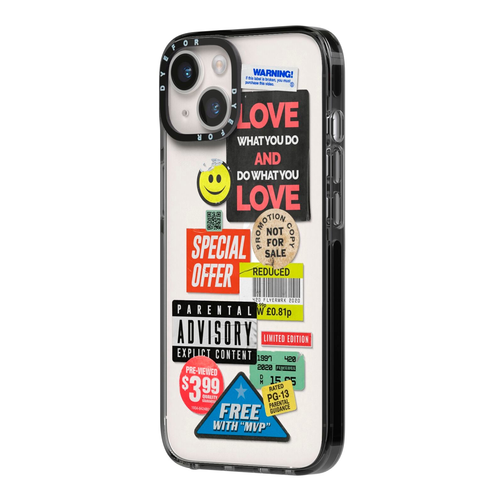 Vintage Retro Stickers iPhone 14 Black Impact Case Side Angle on Silver phone