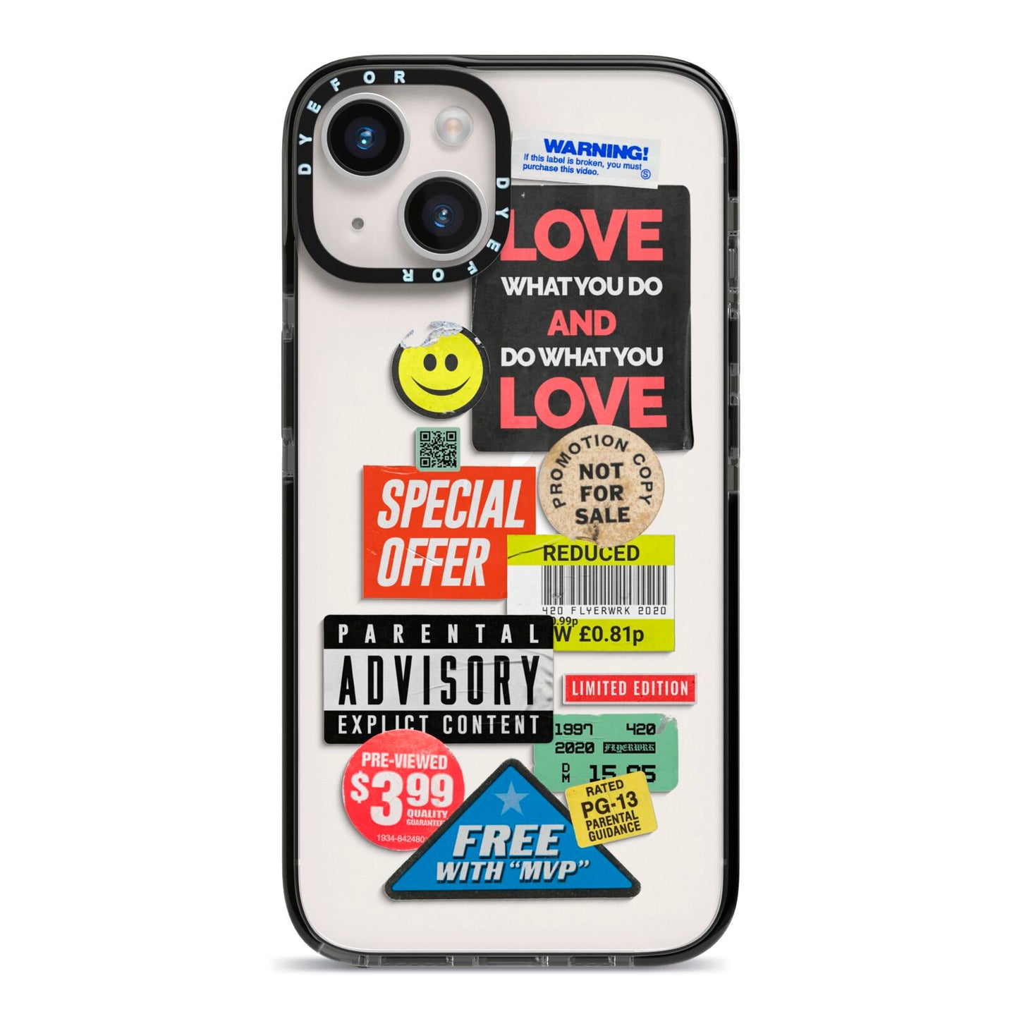 Vintage Retro Stickers iPhone 14 Black Impact Case on Silver phone