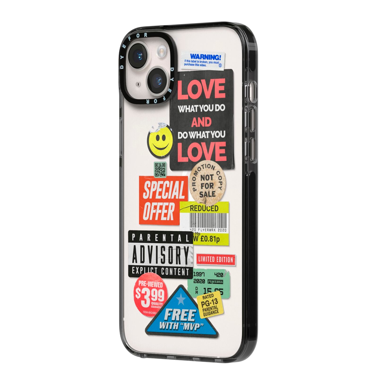 Vintage Retro Stickers iPhone 14 Plus Black Impact Case Side Angle on Silver phone