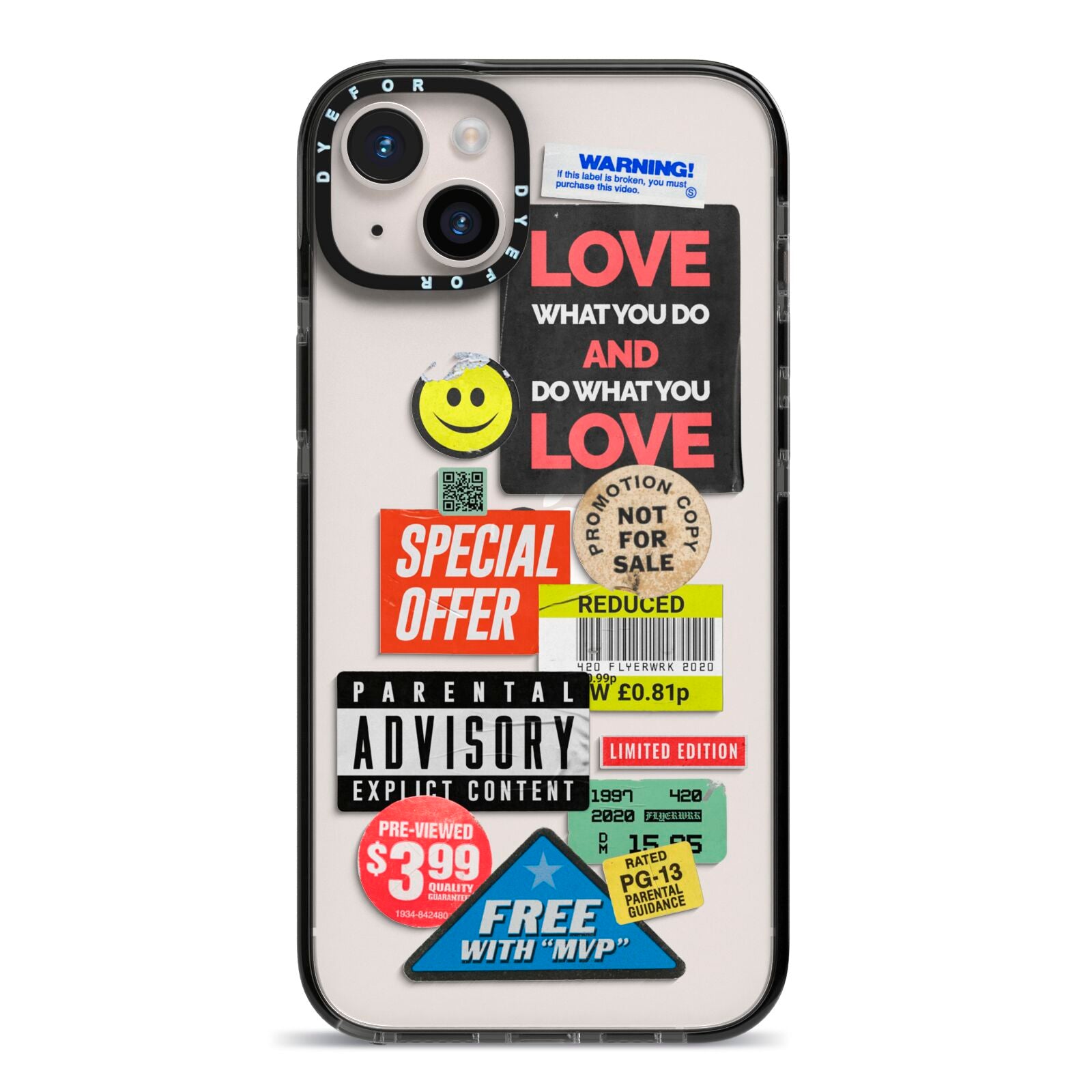 Vintage Retro Stickers iPhone 14 Plus Black Impact Case on Silver phone