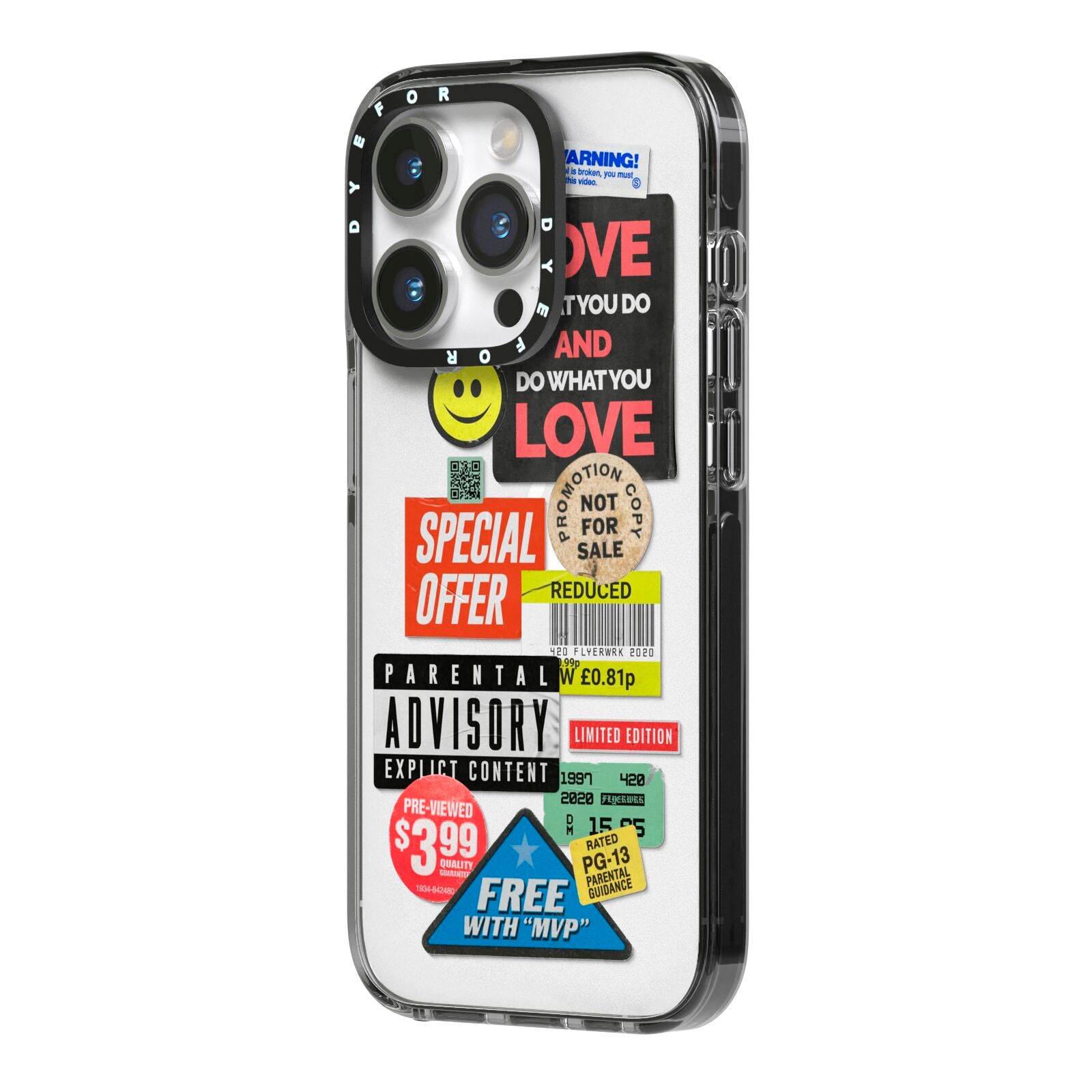 Vintage Retro Stickers iPhone 14 Pro Black Impact Case Side Angle on Silver phone