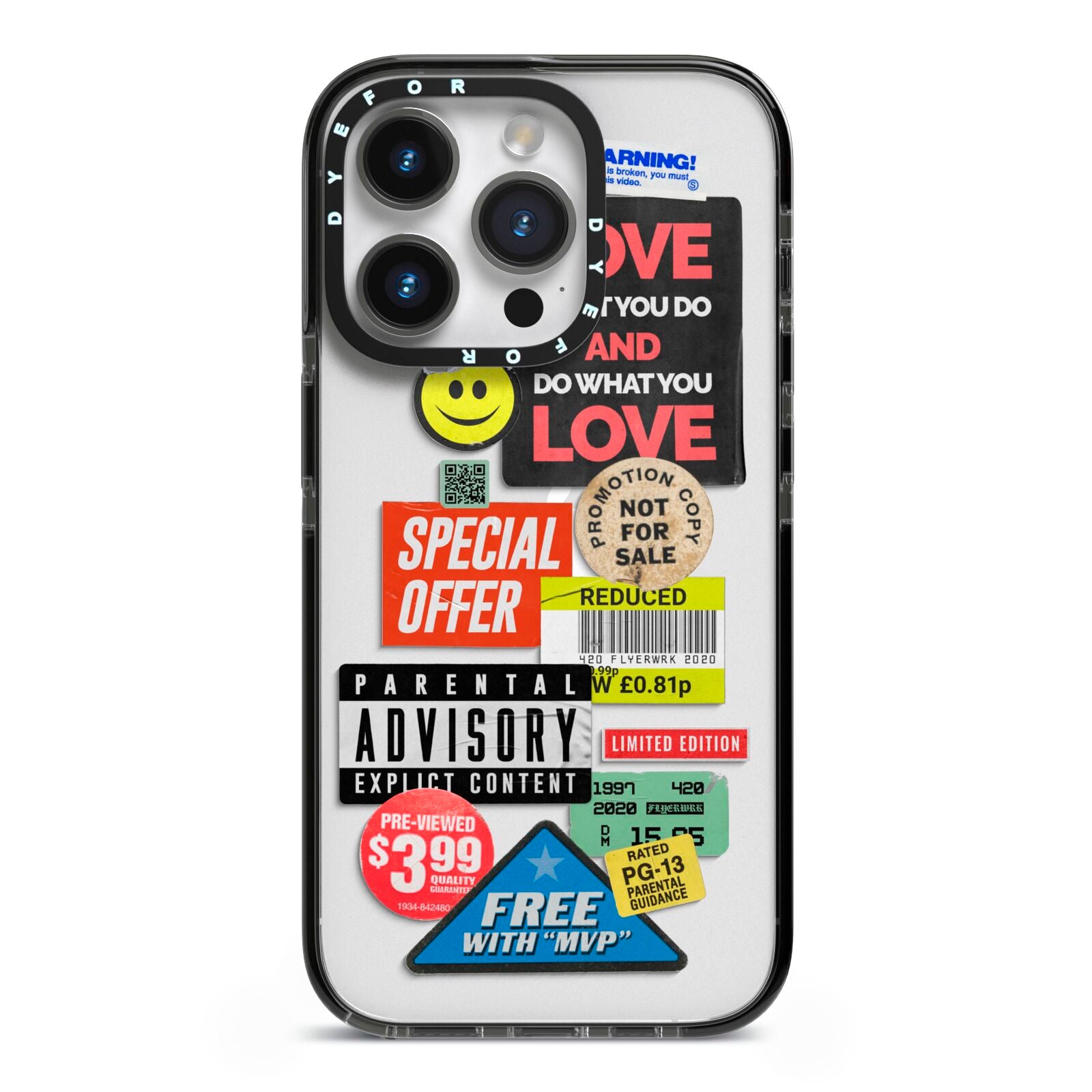 Vintage Retro Stickers iPhone 14 Pro Black Impact Case on Silver phone