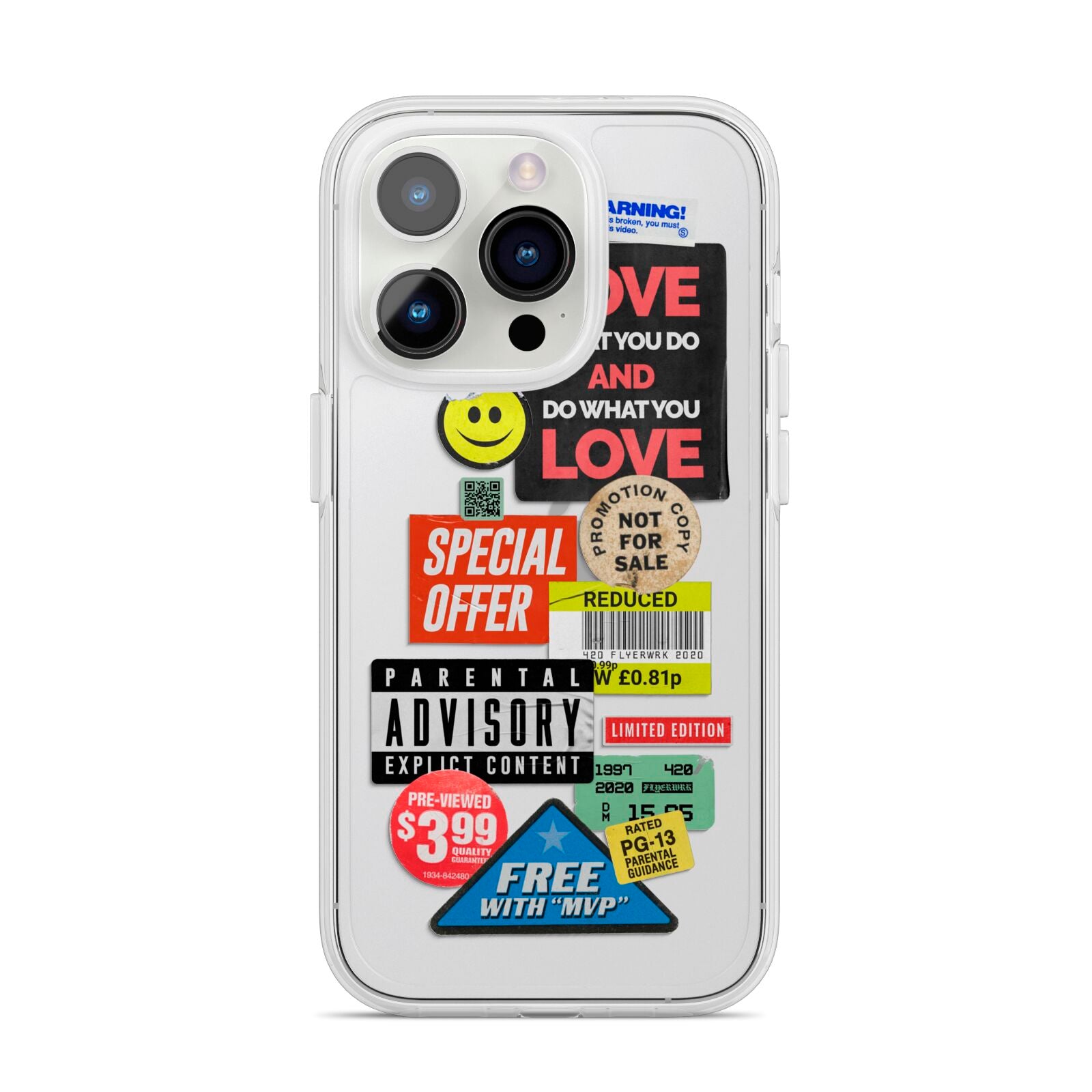Vintage Retro Stickers iPhone 14 Pro Clear Tough Case Silver