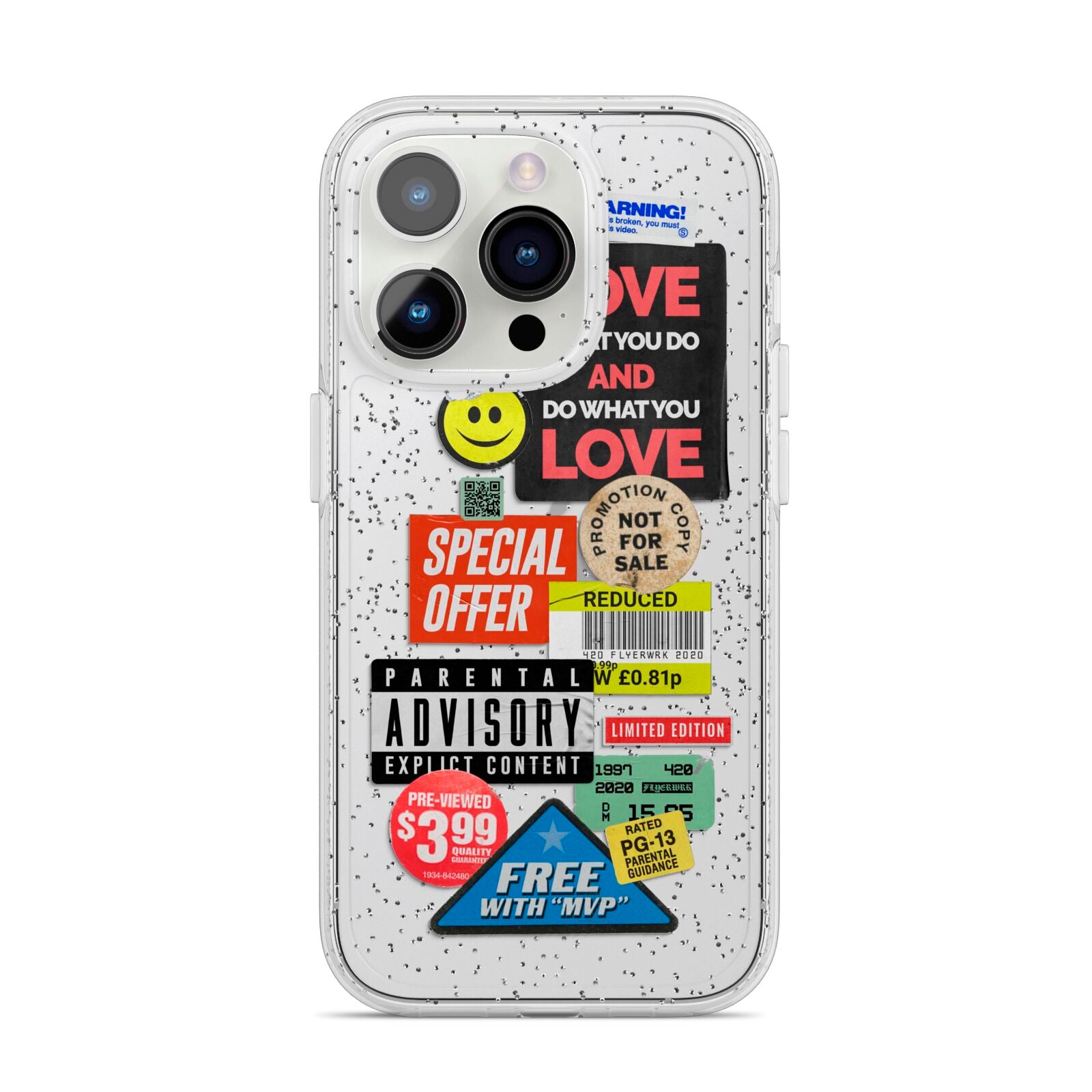 Vintage Retro Stickers iPhone 14 Pro Glitter Tough Case Silver