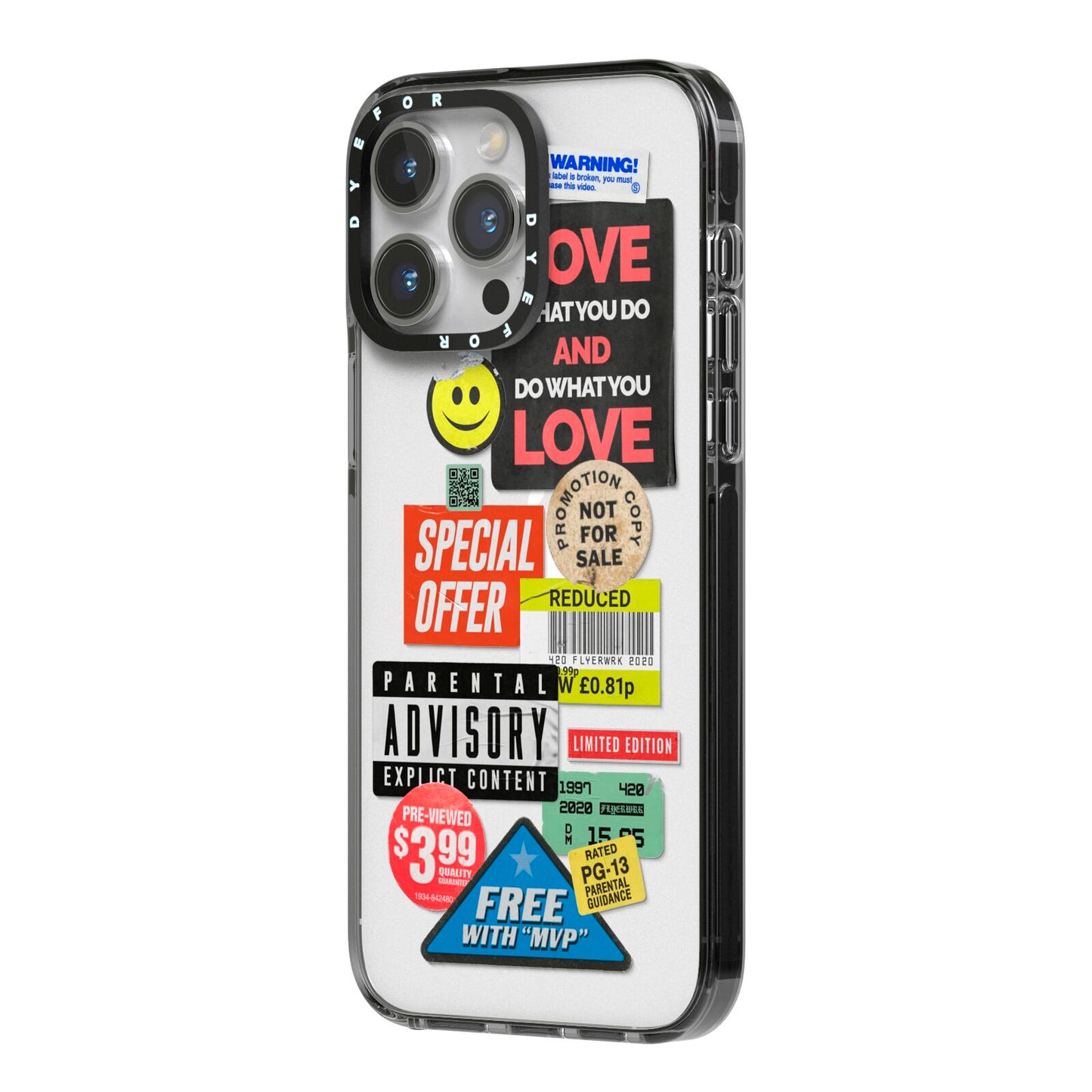 Vintage Retro Stickers iPhone 14 Pro Max Black Impact Case Side Angle on Silver phone