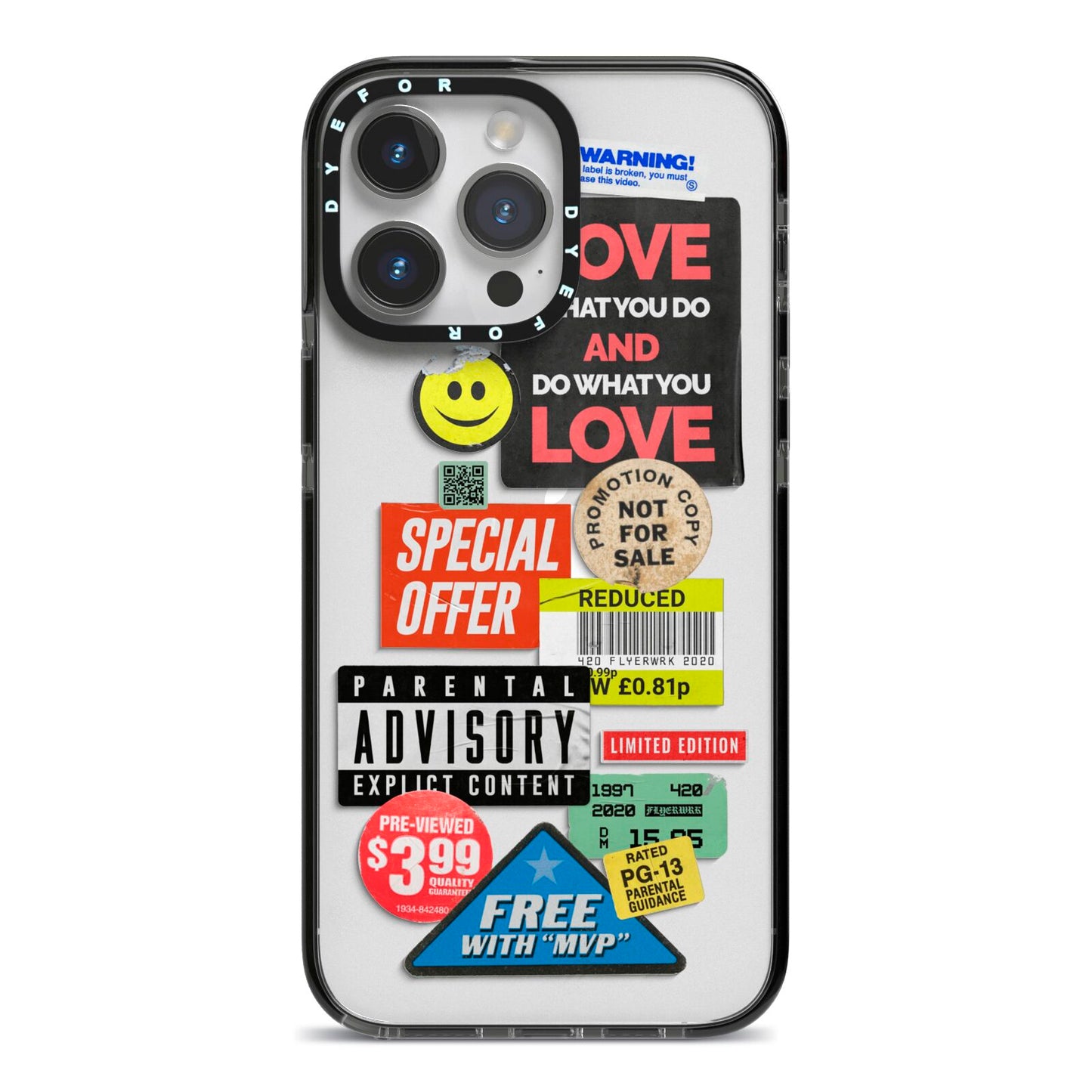 Vintage Retro Stickers iPhone 14 Pro Max Black Impact Case on Silver phone
