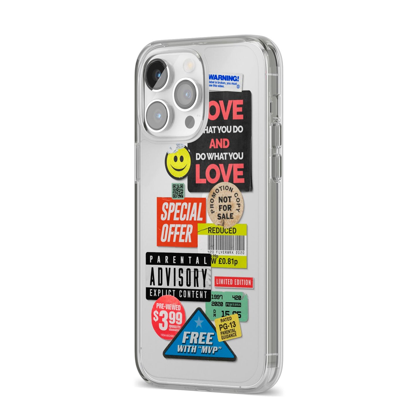 Vintage Retro Stickers iPhone 14 Pro Max Clear Tough Case Silver Angled Image