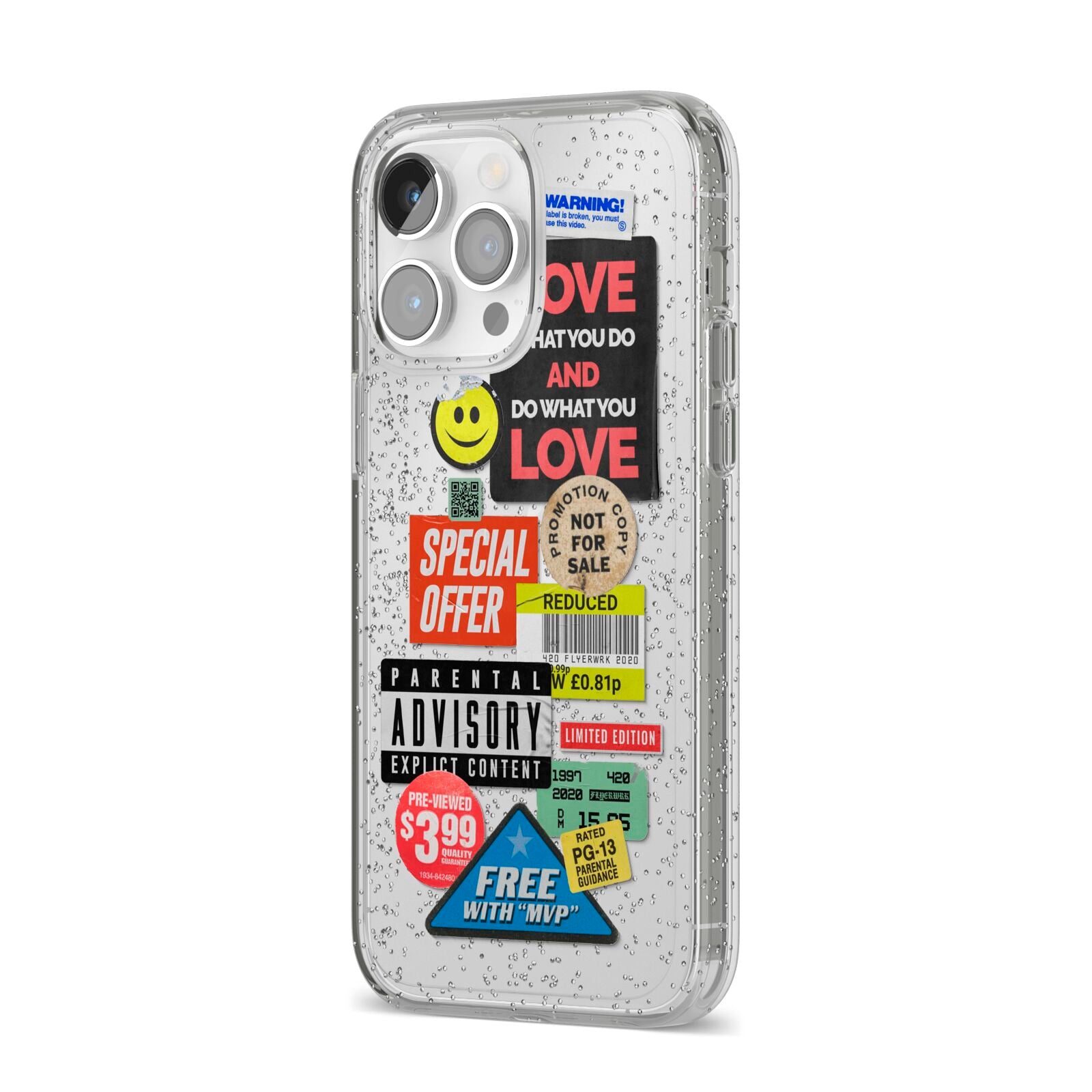 Vintage Retro Stickers iPhone 14 Pro Max Glitter Tough Case Silver Angled Image