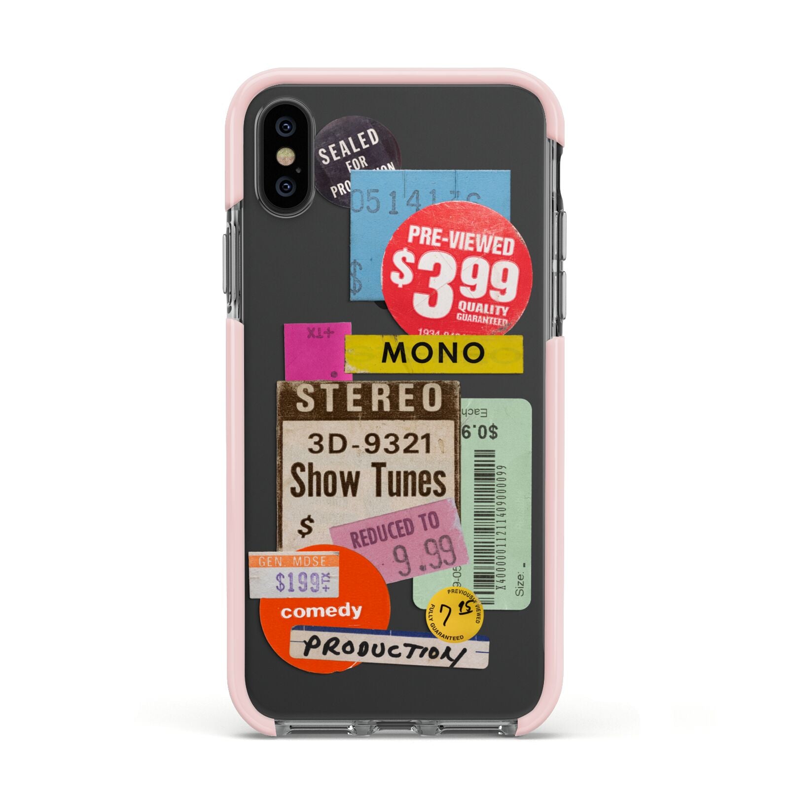 Vintage Sale Stickers Apple iPhone Xs Impact Case Pink Edge on Black Phone