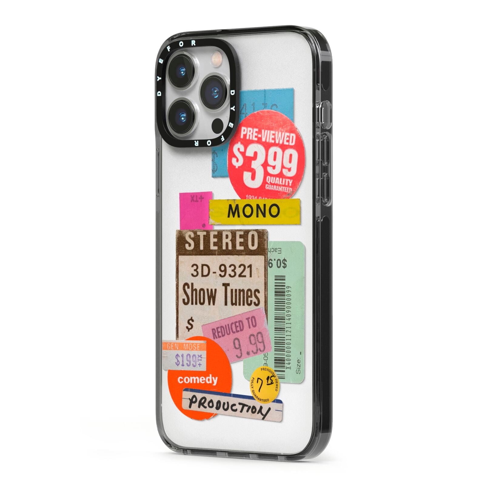 Vintage Sale Stickers iPhone 13 Pro Max Black Impact Case Side Angle on Silver phone