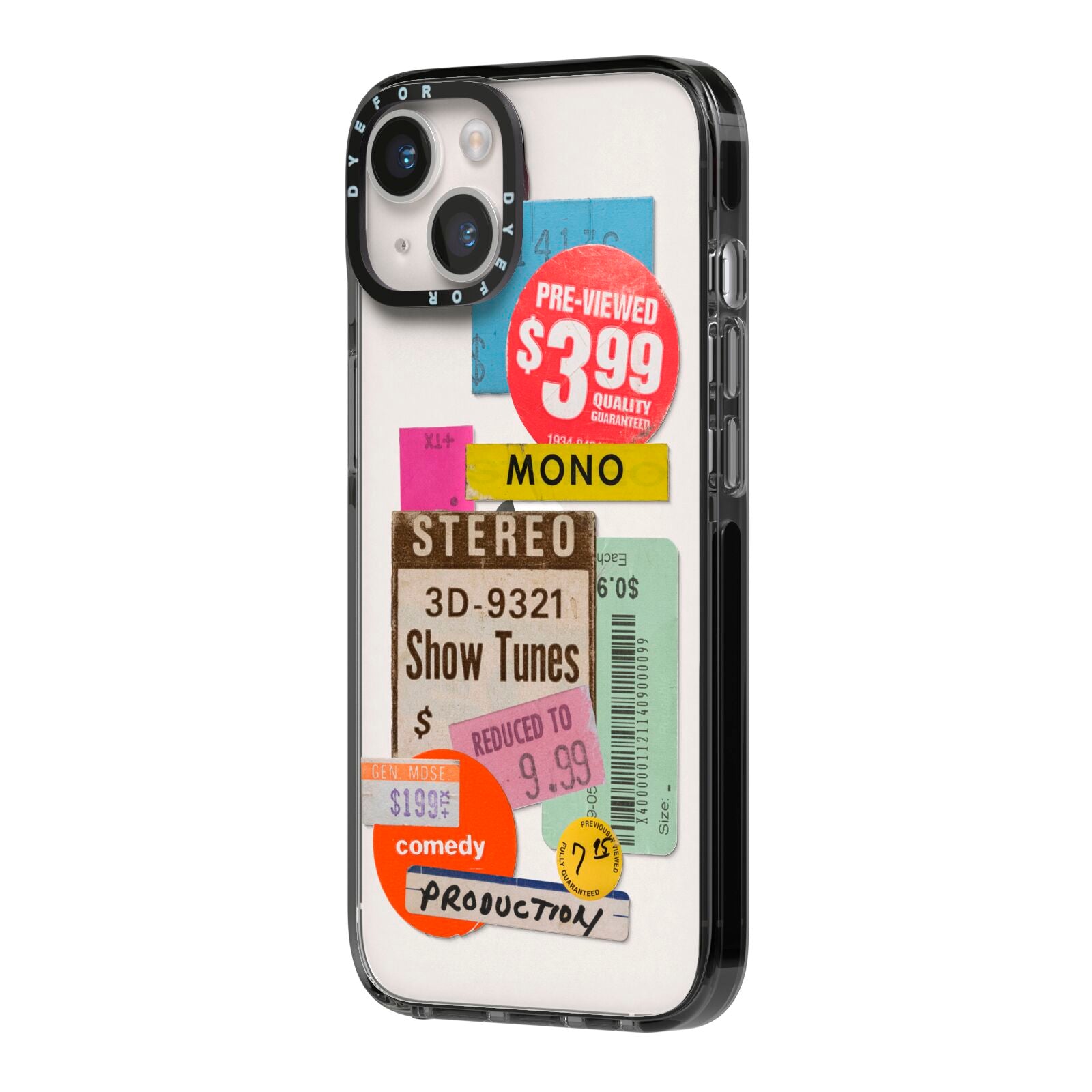 Vintage Sale Stickers iPhone 14 Black Impact Case Side Angle on Silver phone