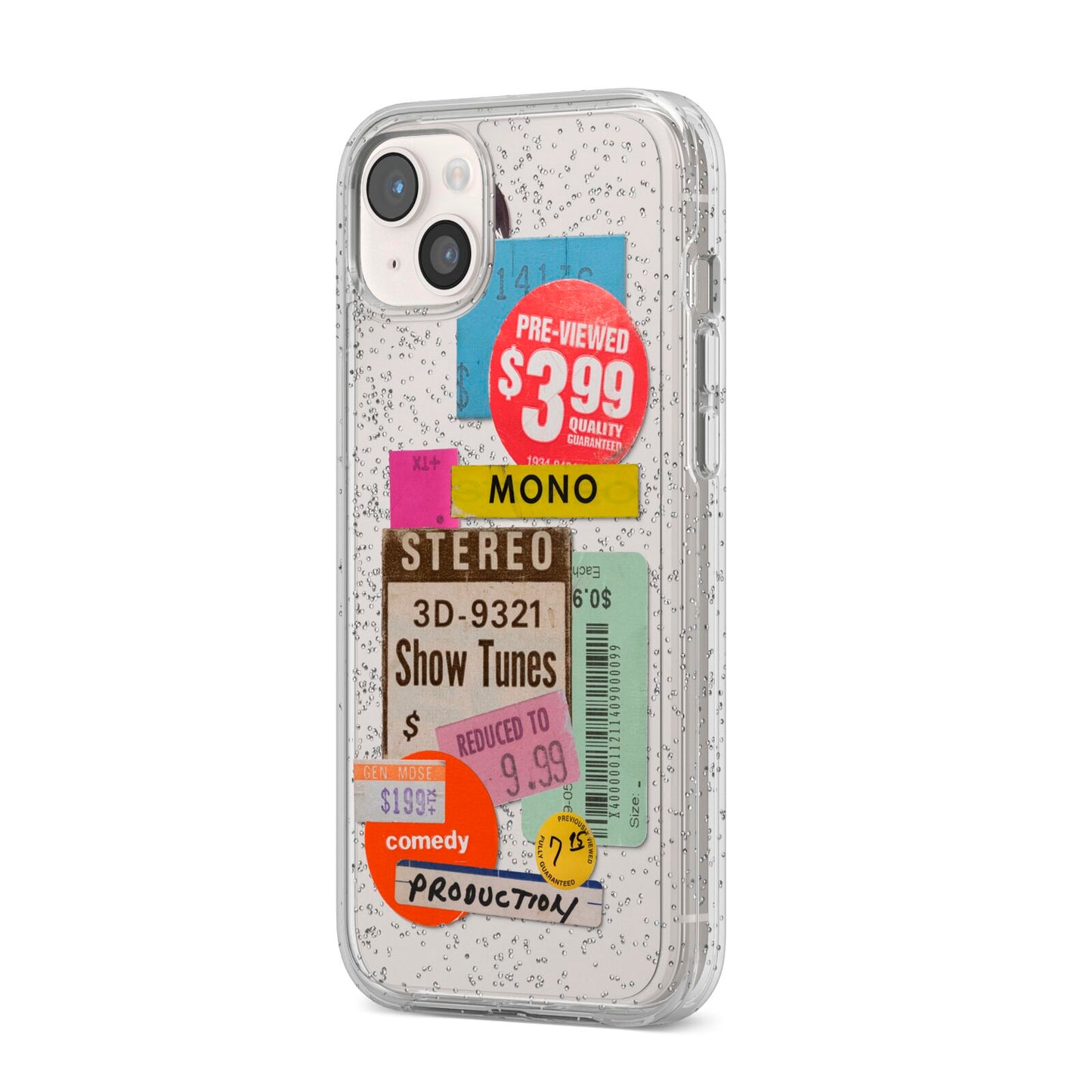 Vintage Sale Stickers iPhone 14 Plus Glitter Tough Case Starlight Angled Image