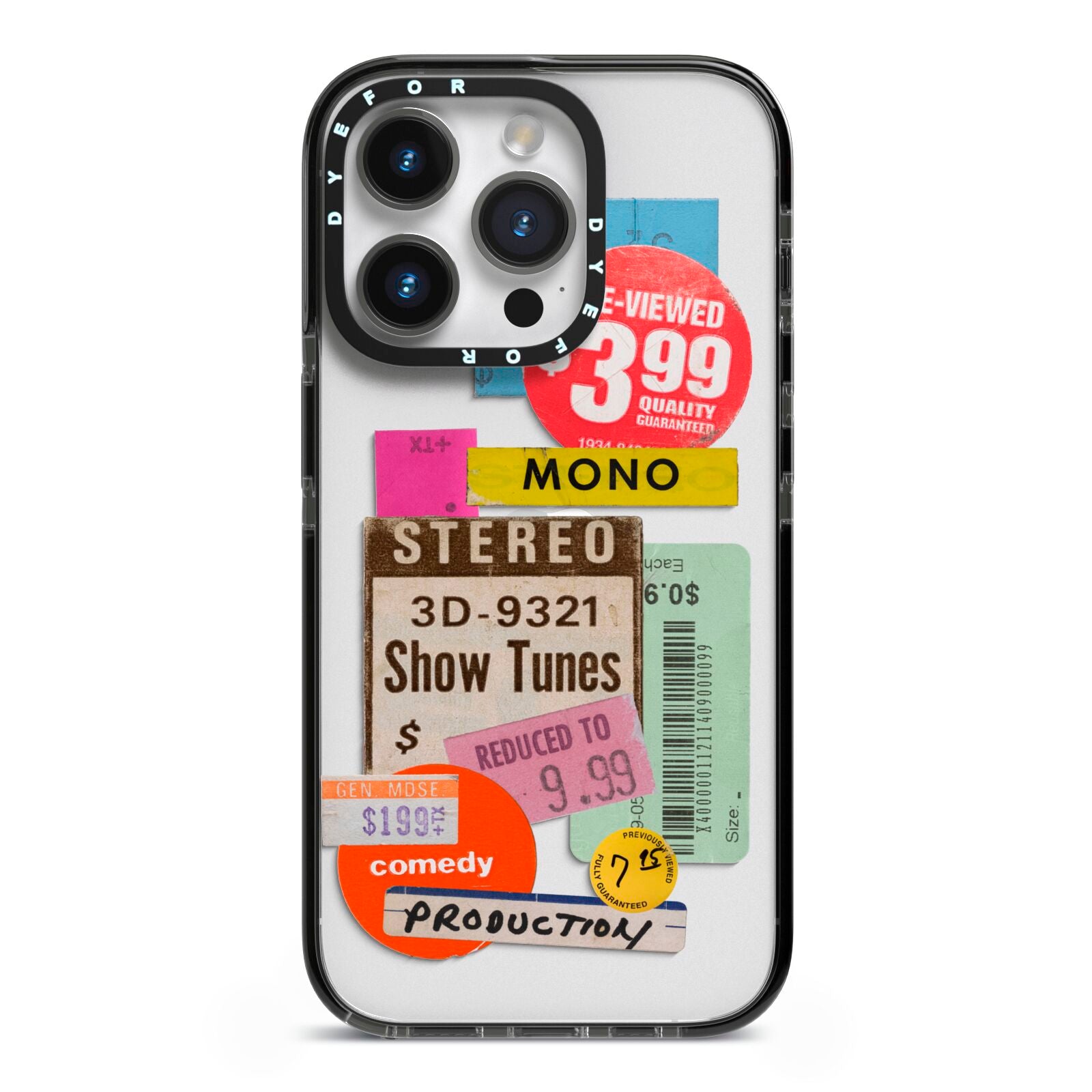 Vintage Sale Stickers iPhone 14 Pro Black Impact Case on Silver phone