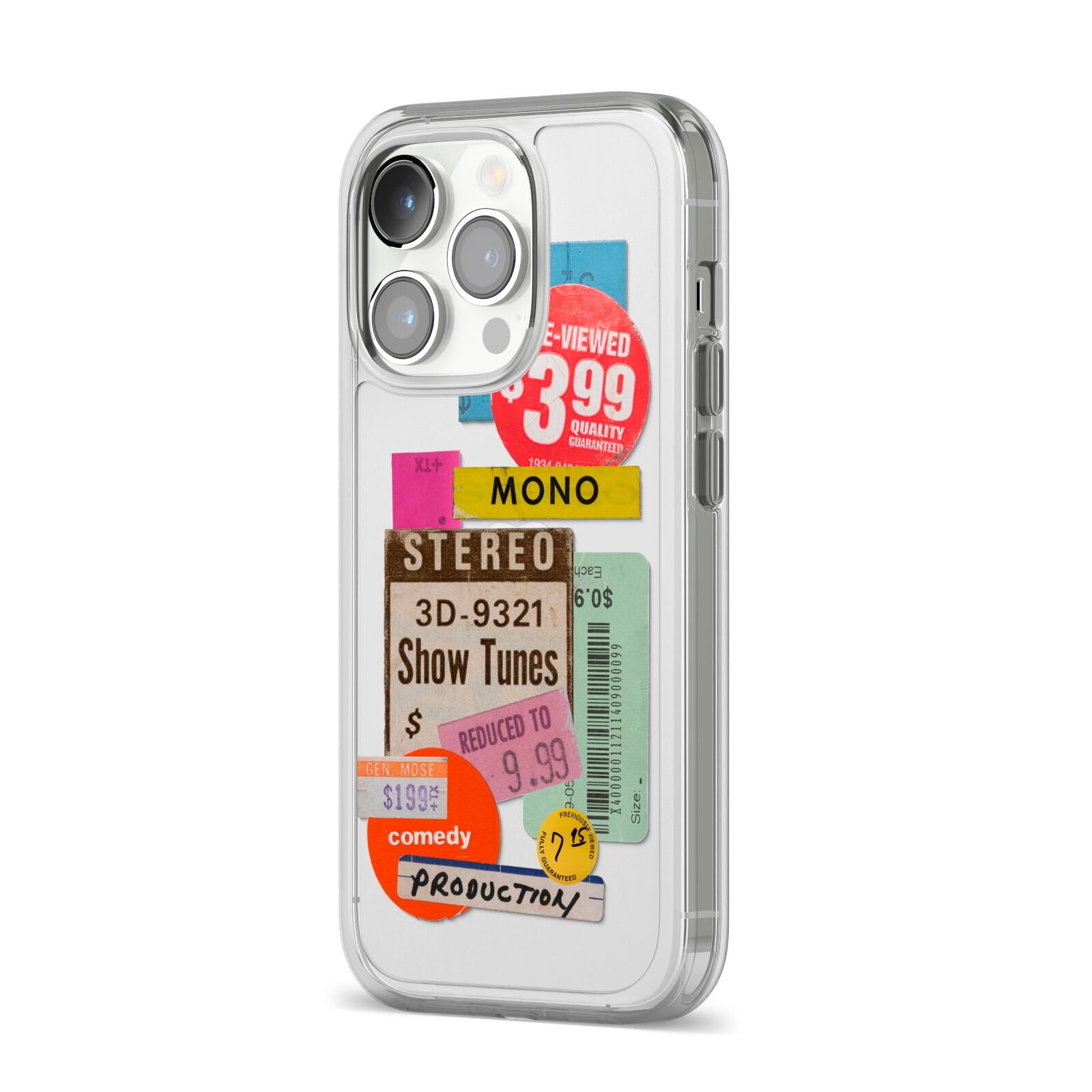 Vintage Sale Stickers iPhone 14 Pro Clear Tough Case Silver Angled Image