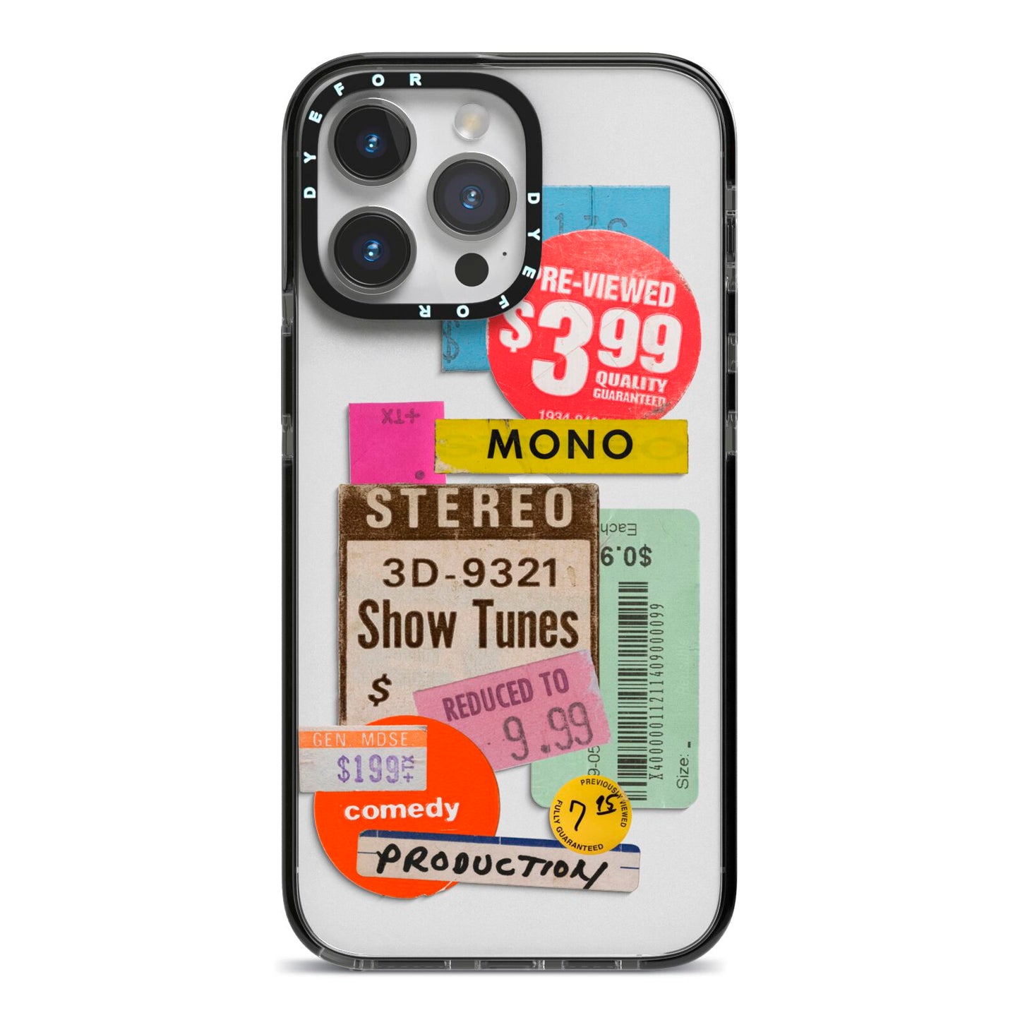 Vintage Sale Stickers iPhone 14 Pro Max Black Impact Case on Silver phone