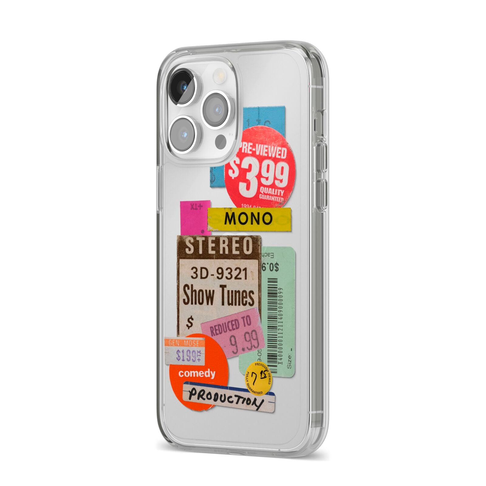 Vintage Sale Stickers iPhone 14 Pro Max Clear Tough Case Silver Angled Image