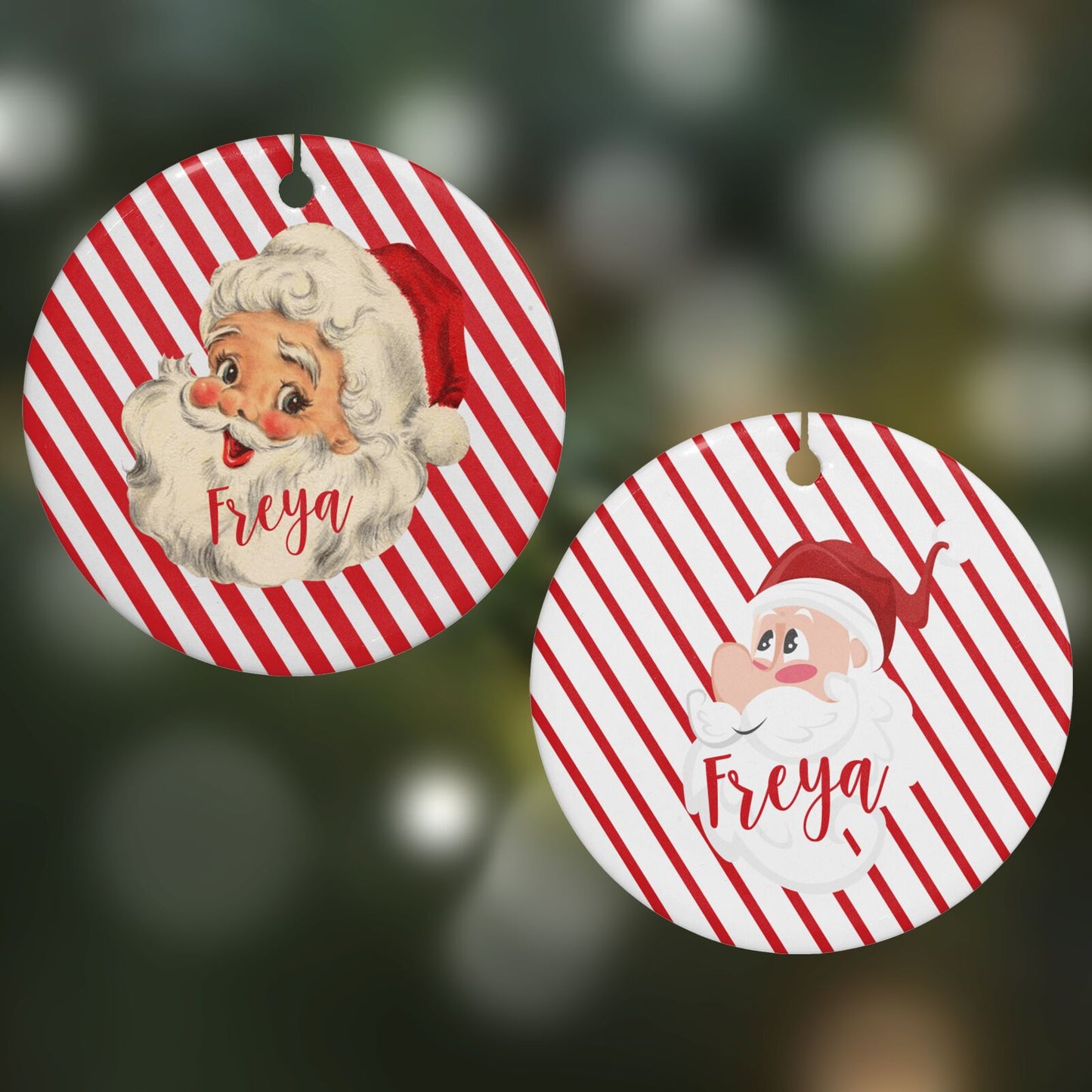 Vintage Santa Personalised Round Decoration on Christmas Background