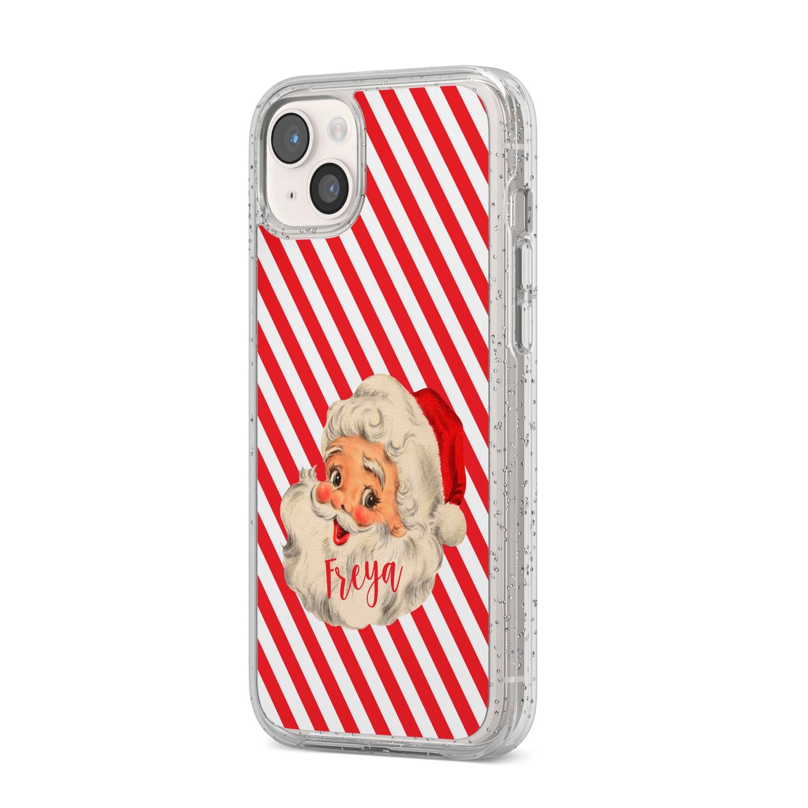 Vintage Santa Personalised iPhone 14 Plus Glitter Tough Case Starlight Angled Image