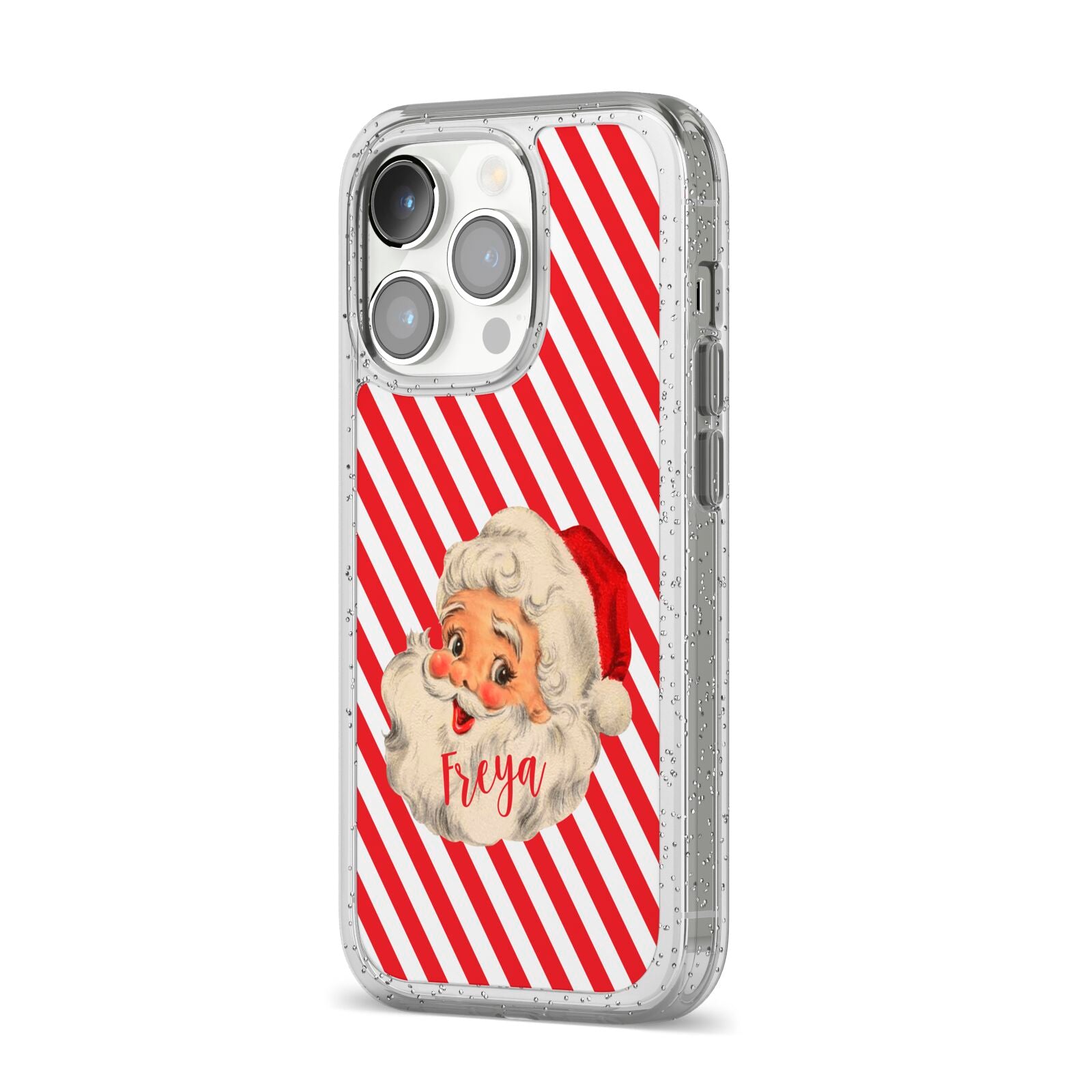Vintage Santa Personalised iPhone 14 Pro Glitter Tough Case Silver Angled Image