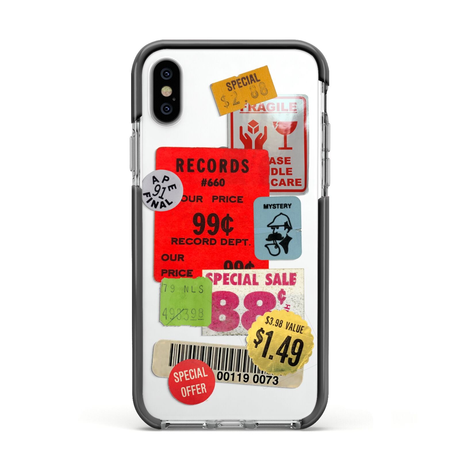 Vintage Stickers Apple iPhone Xs Impact Case Black Edge on Silver Phone