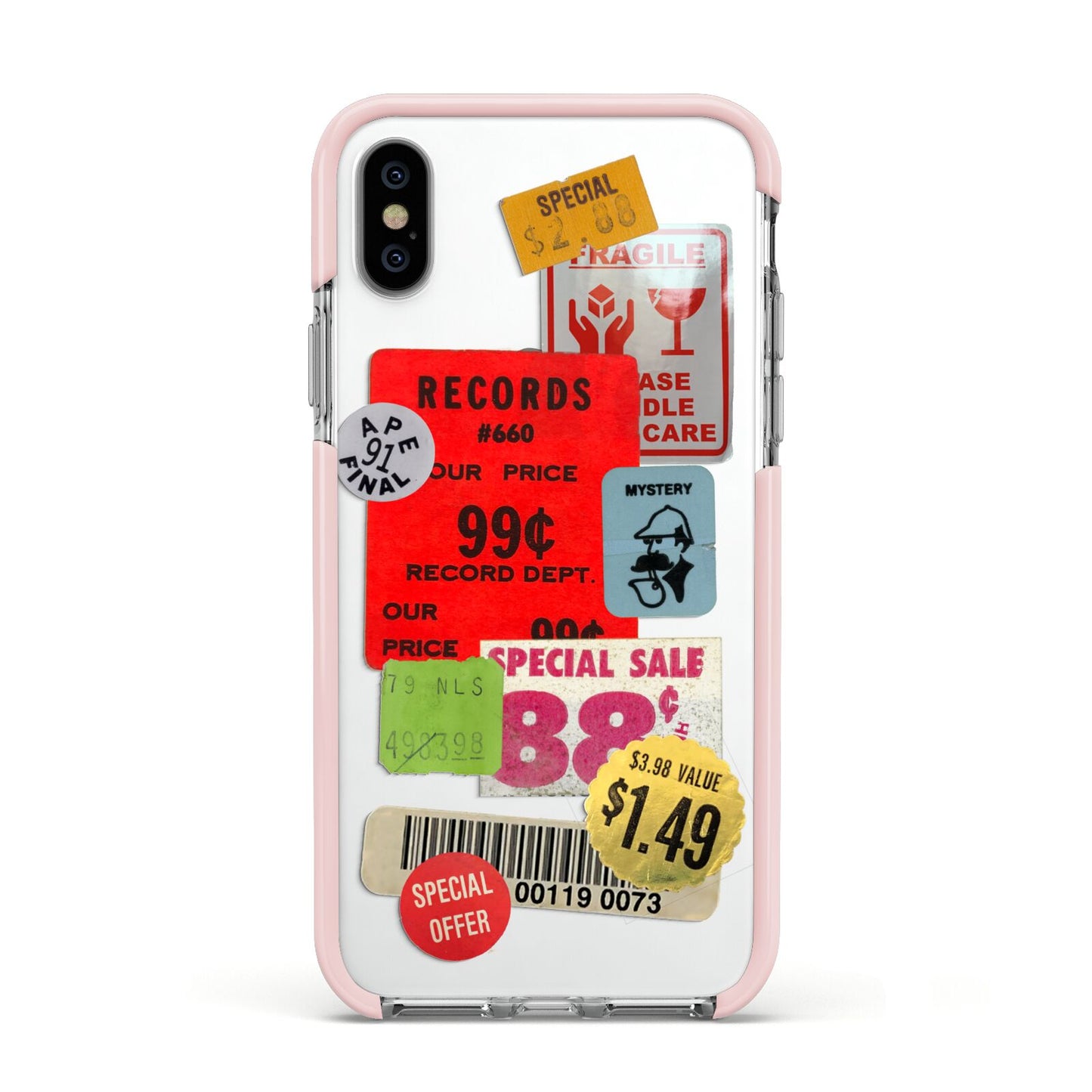 Vintage Stickers Apple iPhone Xs Impact Case Pink Edge on Silver Phone