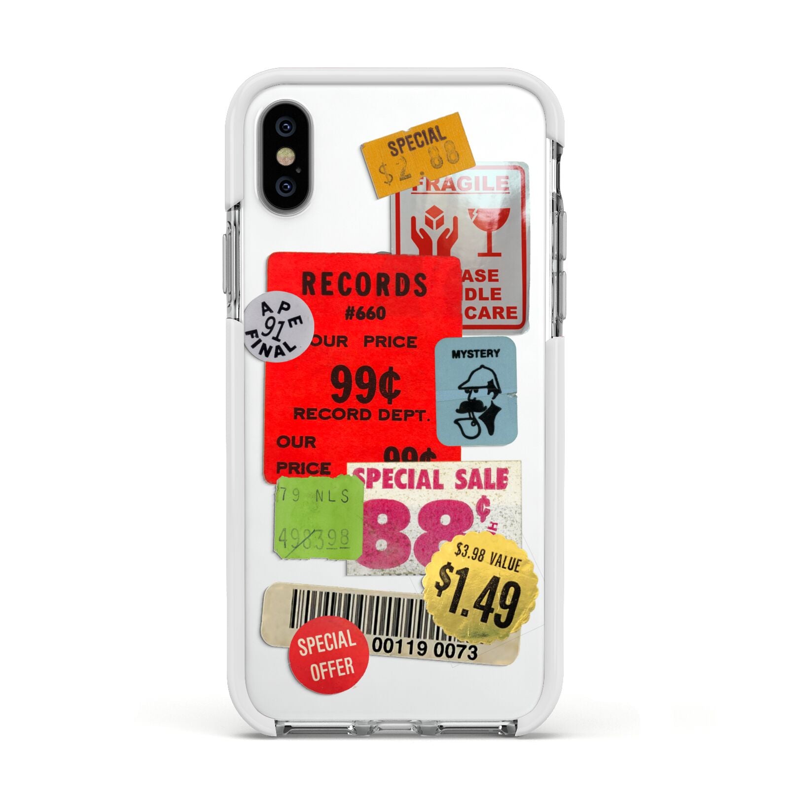 Vintage Stickers Apple iPhone Xs Impact Case White Edge on Silver Phone