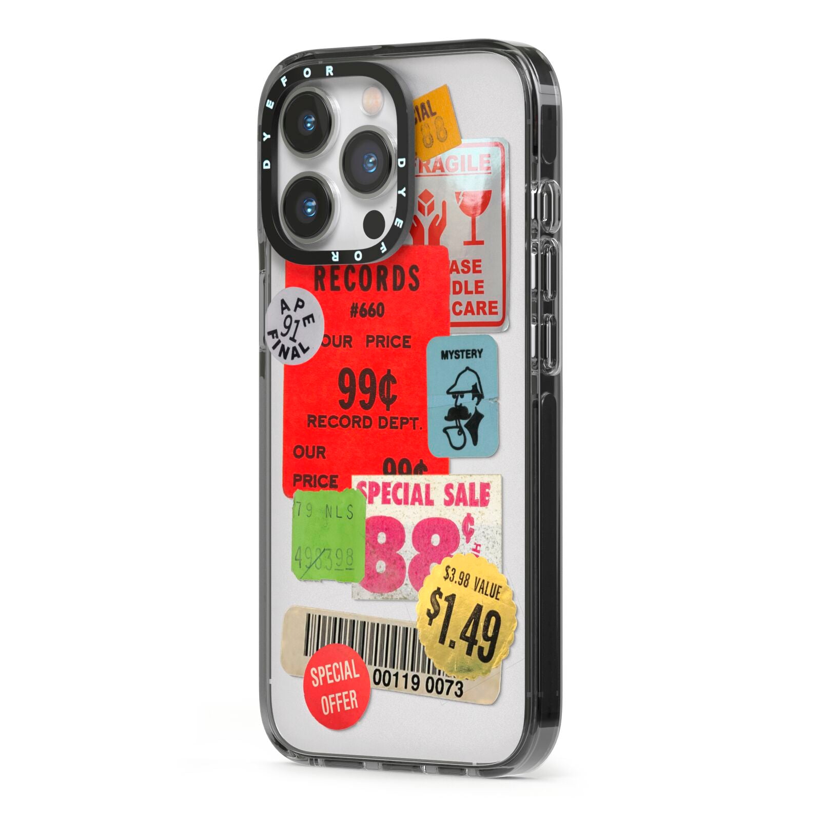 Vintage Stickers iPhone 13 Pro Black Impact Case Side Angle on Silver phone