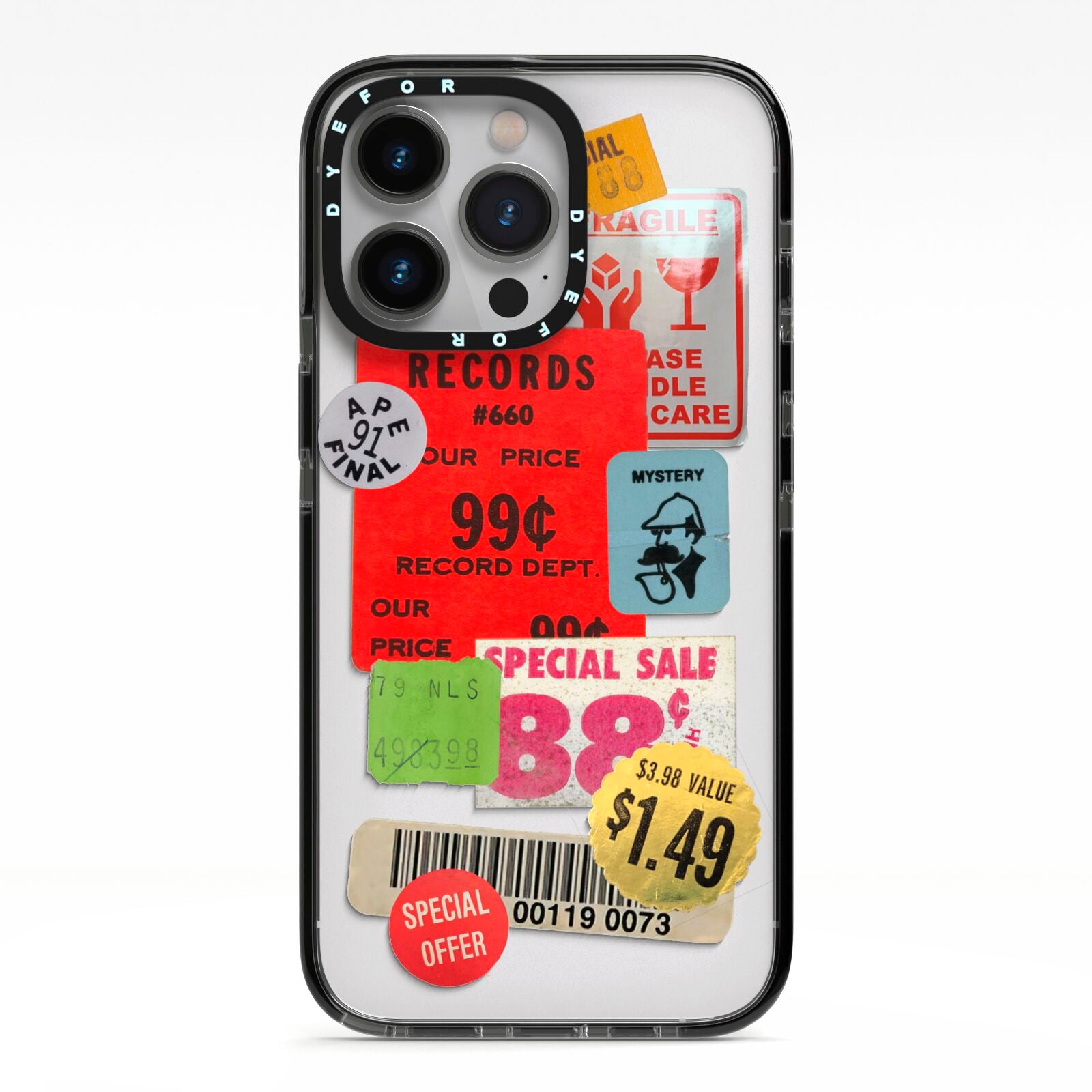 Vintage Stickers iPhone 13 Pro Black Impact Case on Silver phone