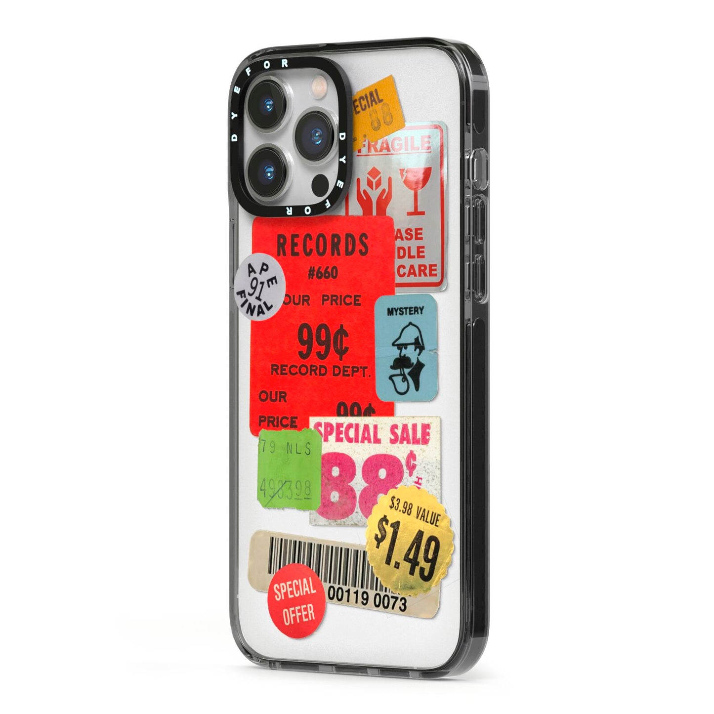 Vintage Stickers iPhone 13 Pro Max Black Impact Case Side Angle on Silver phone