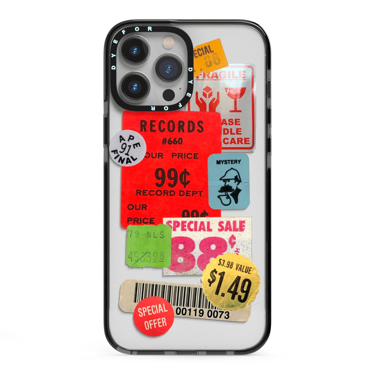 Vintage Stickers iPhone 13 Pro Max Black Impact Case on Silver phone