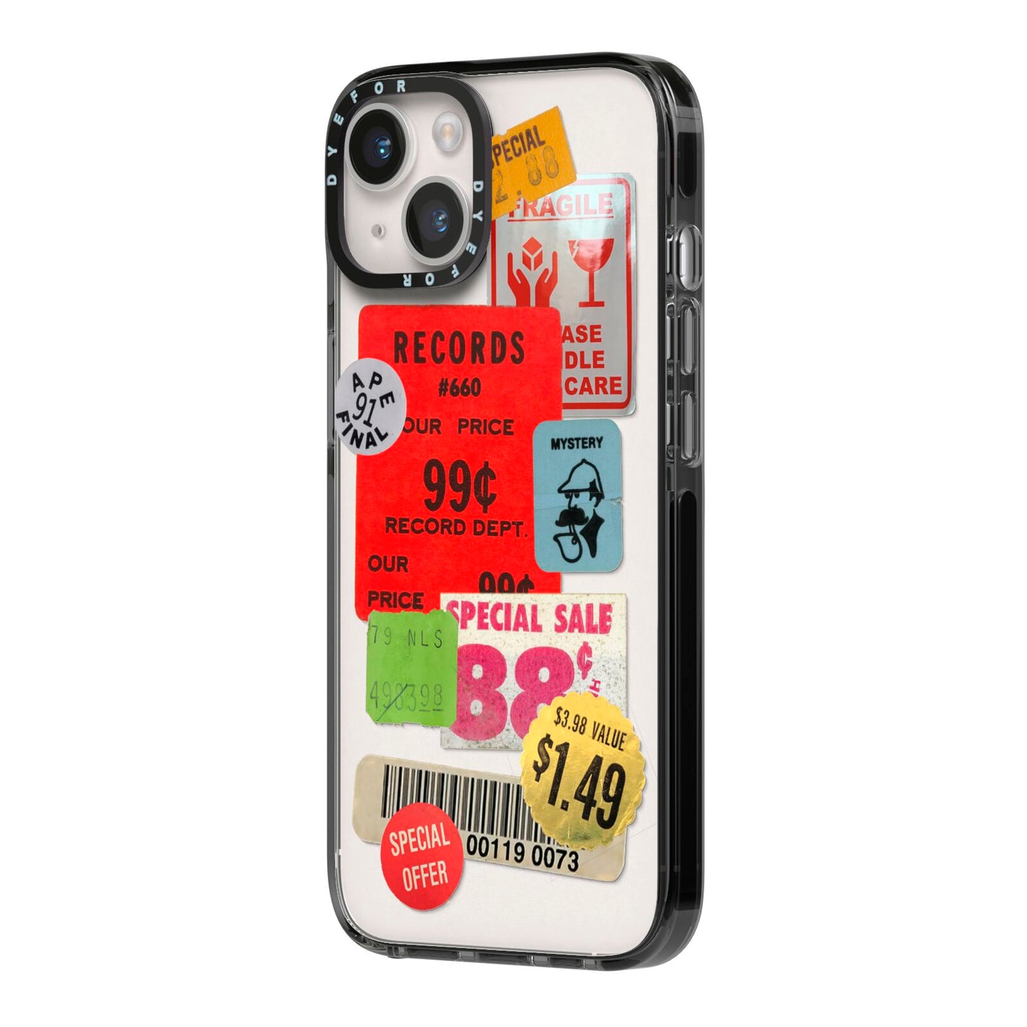 Vintage Stickers iPhone 14 Black Impact Case Side Angle on Silver phone