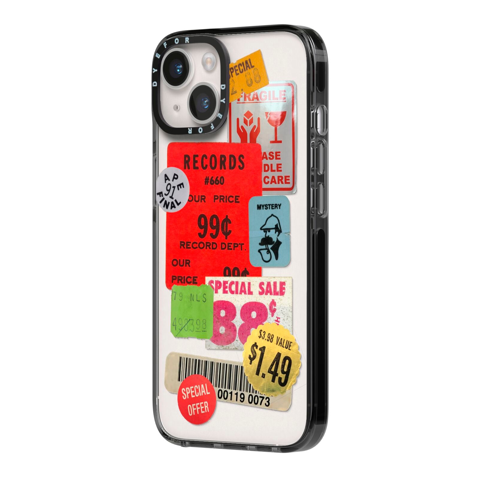 Vintage Stickers iPhone 14 Black Impact Case Side Angle on Silver phone