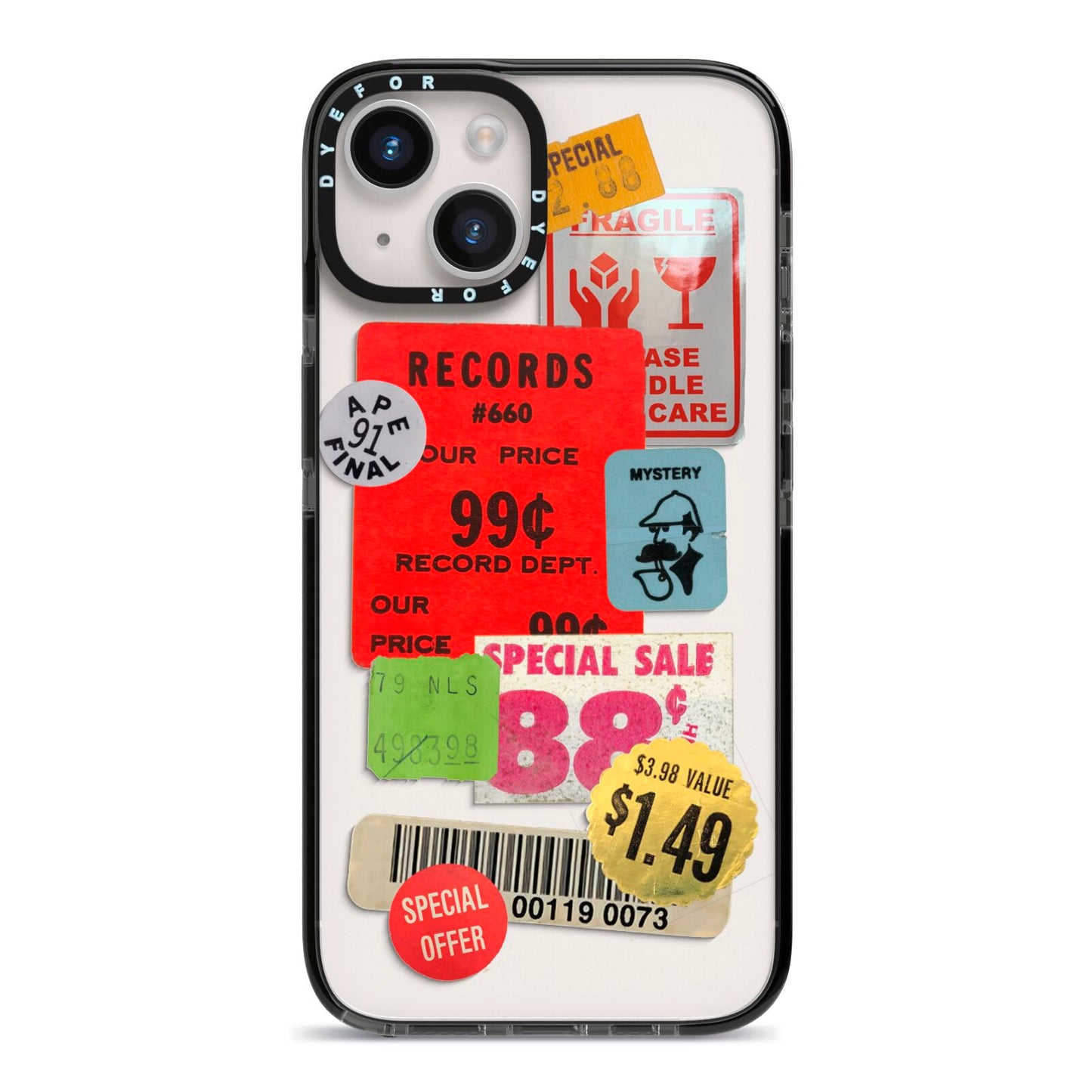 Vintage Stickers iPhone 14 Black Impact Case on Silver phone